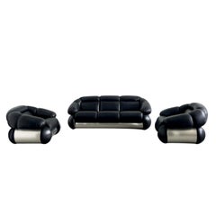 Adriano Piazzesi Black leather Sofa and Armchairs Set