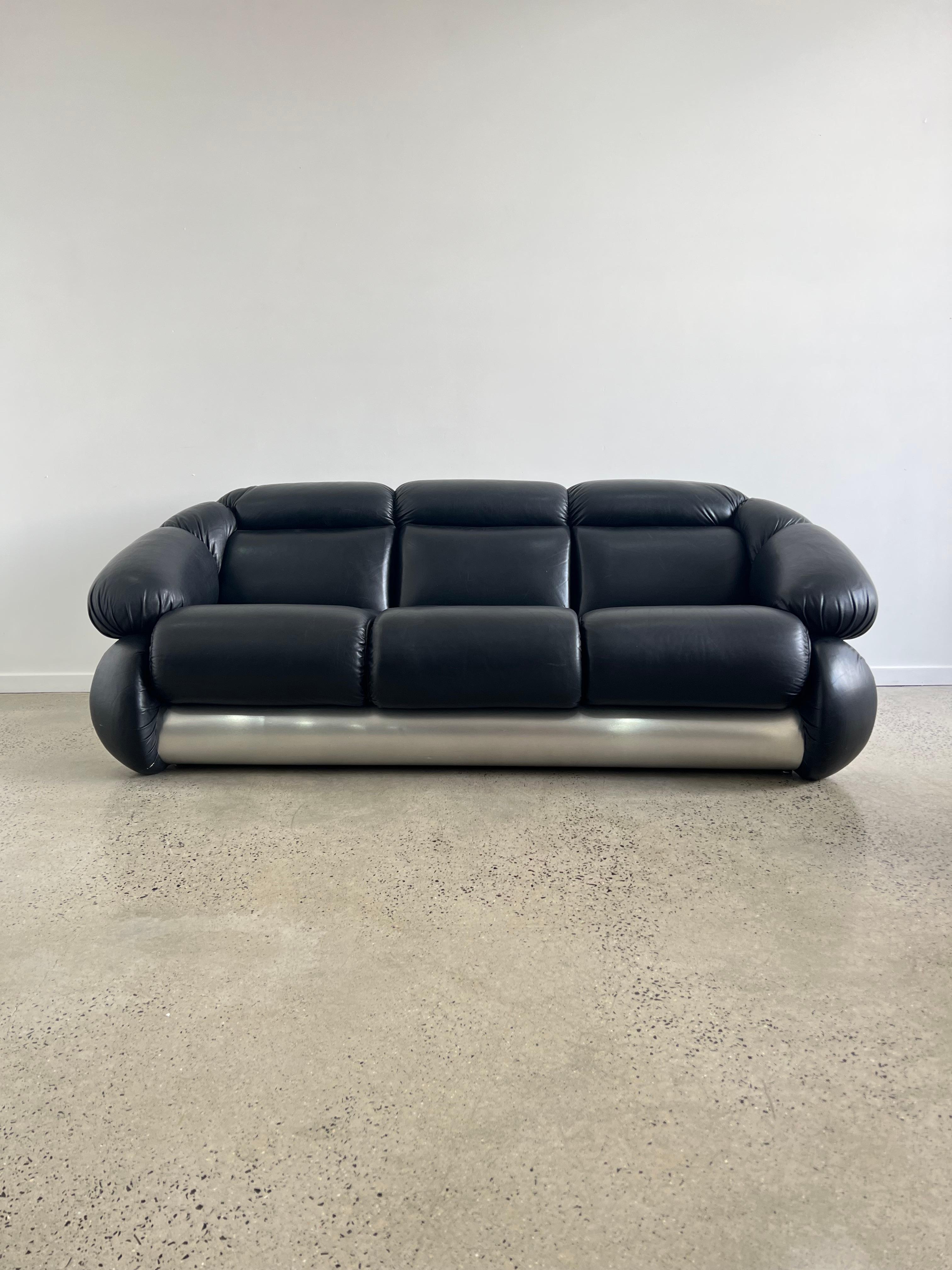 Space Age Adriano Piazzesi Black leather Sofa and Armchairs Set
