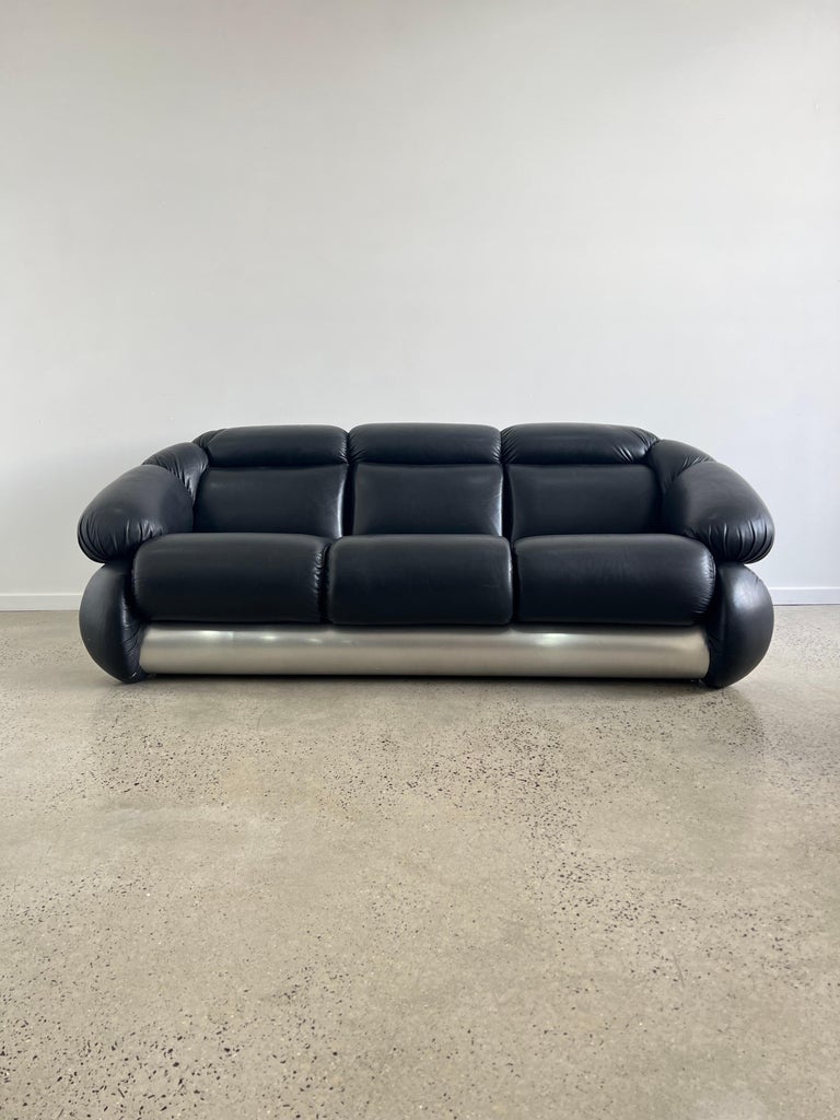 Space Age Adriano Piazzesi Black leather Sofa and Armchairs Set  For Sale