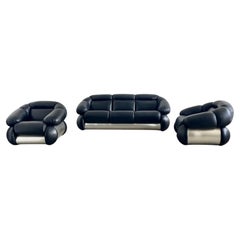 Adriano Piazzesi Black leather Sofa and Armchairs Set 