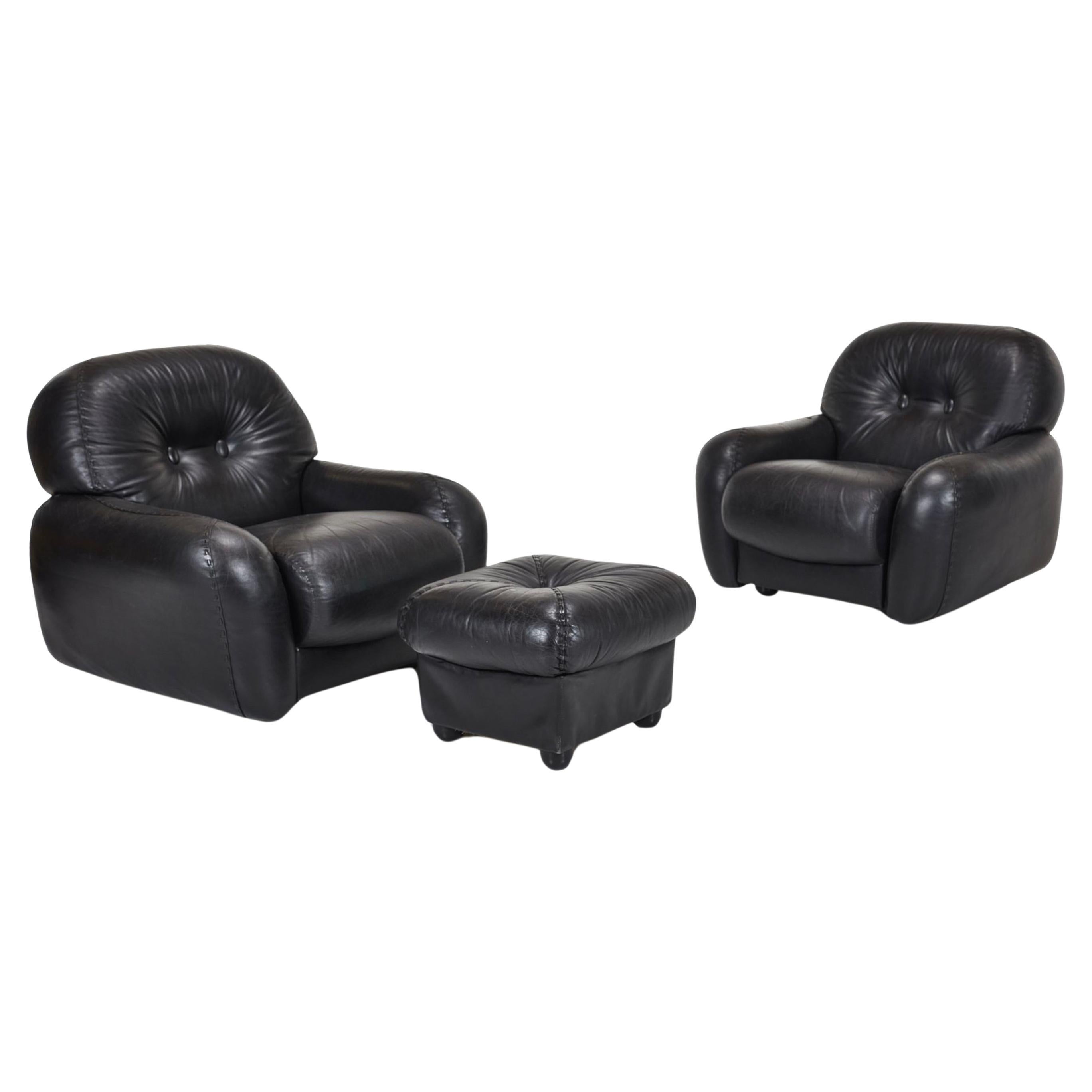 Adriano Piazzesi Leather Lounge Chairs & Ottoman, Circa 1960s