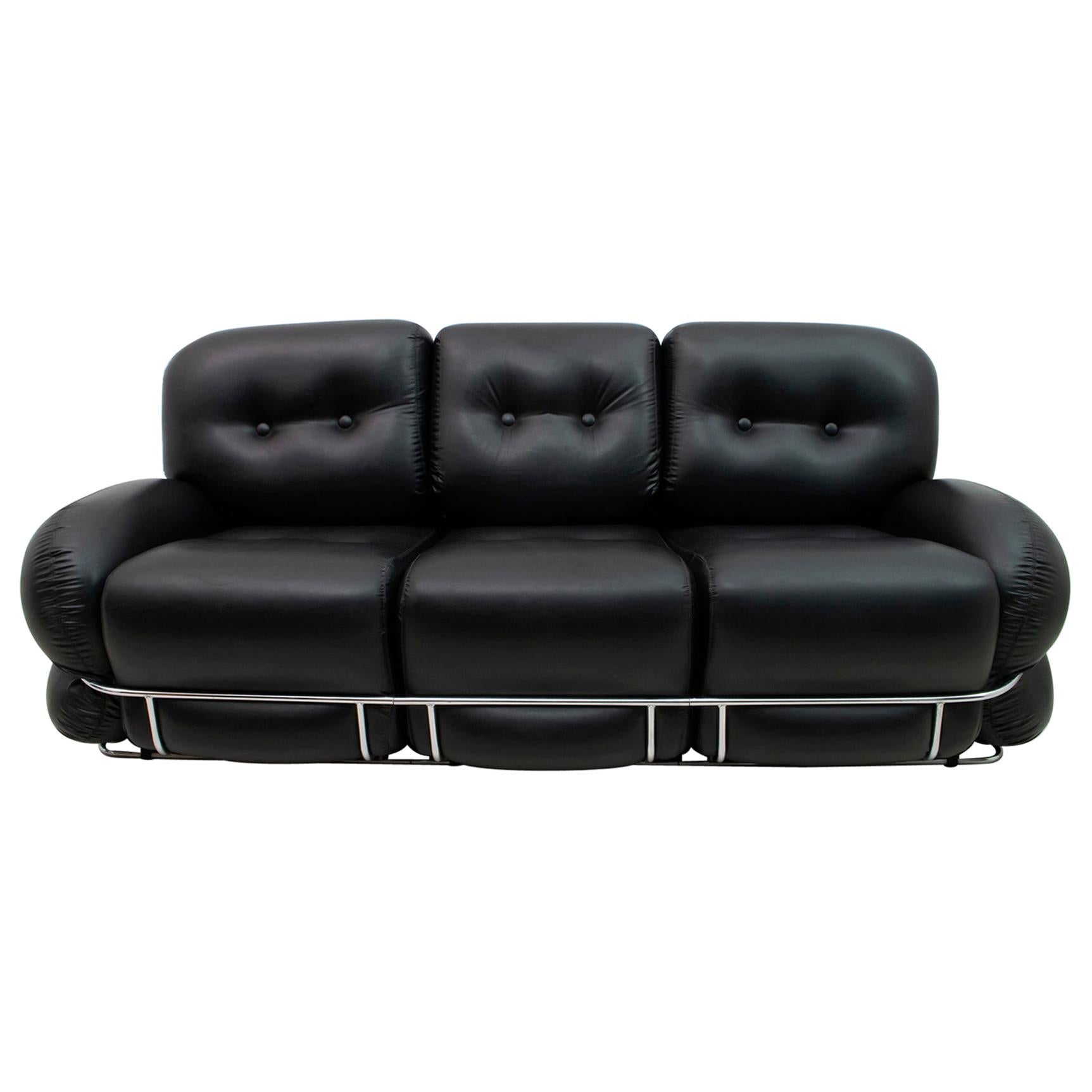 Adriano Piazzesi Mid-Century Modern Italian Chrome and Black Leather Sofa, 1970s