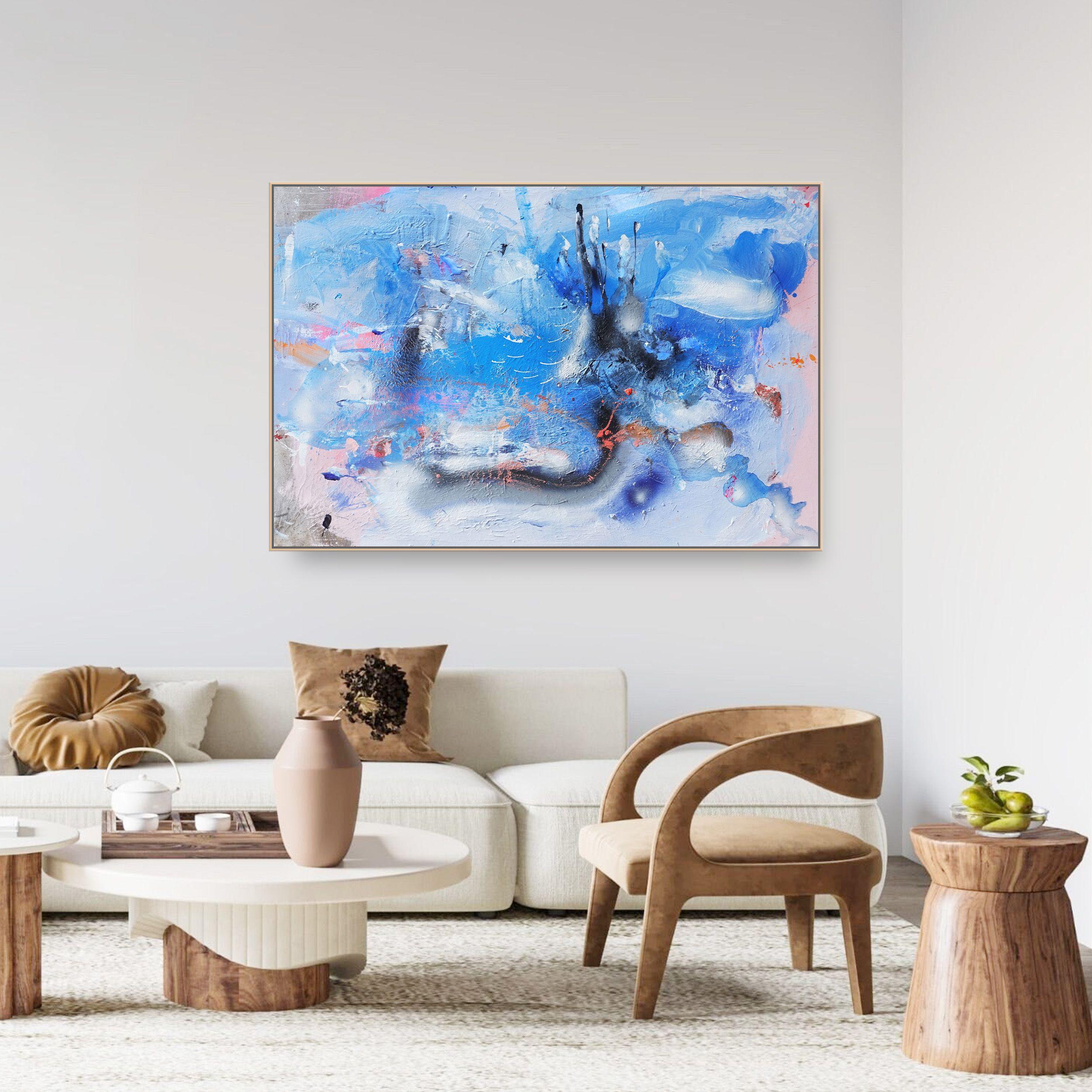 Original mixed media painting created using premium materials, including oil paint, acrylic paint, gesso, markers, resins, natural fibers, spray paint on premium canvas. It features rich colors and thick tactile textures. It is signed on the back