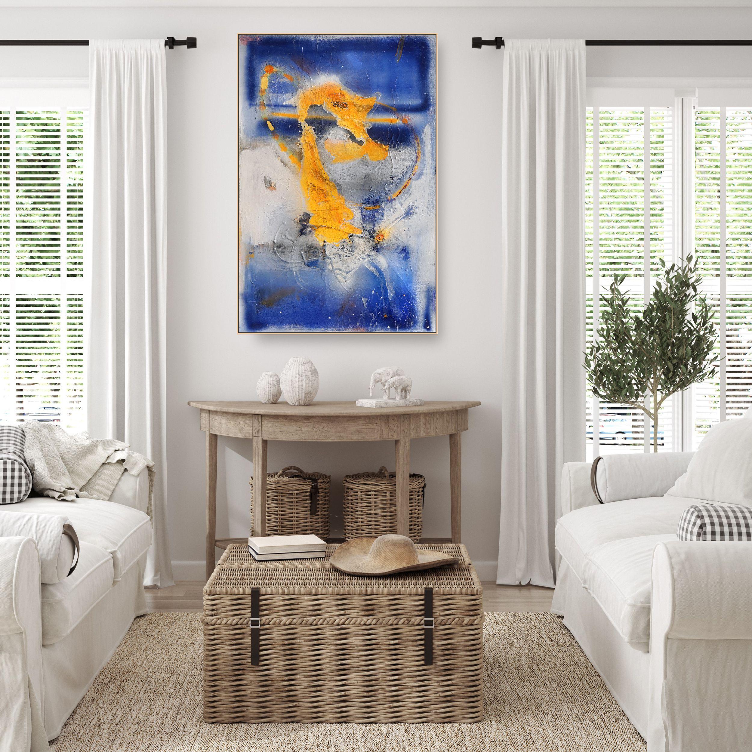 Original mixed media painting created using premium materials, including oil paint, acrylic paint, gesso, markers, resins, natural fibers, spray paint on premium canvas. It features rich colors and thick tactile textures. It is signed on the back