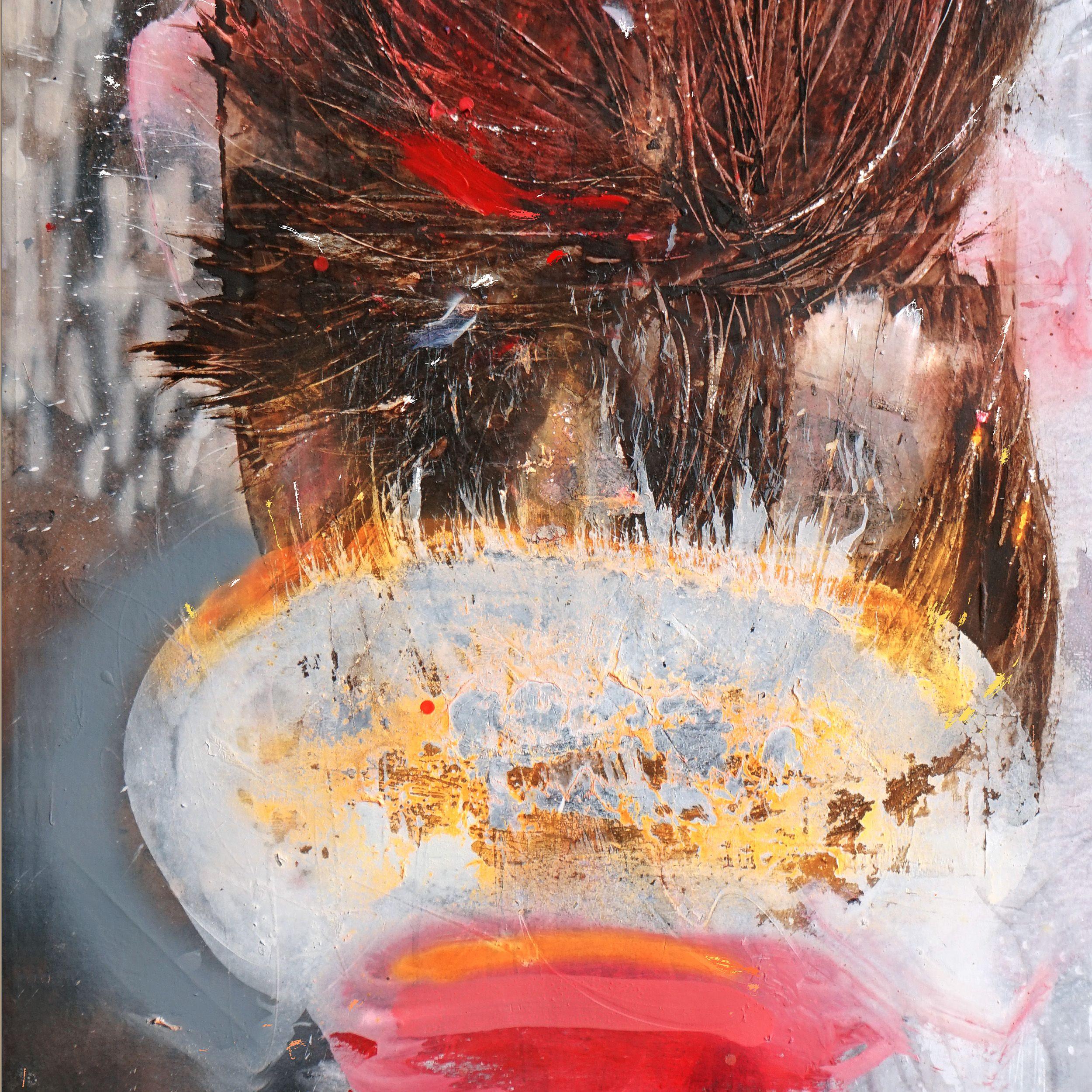 Original mixed media painting created using premium materials, including oil paint, acrylic paint, gesso, markers, resins, natural fibers, spray paint on premium canvas. It features rich colors and thick tactile textures. It is signed on the back