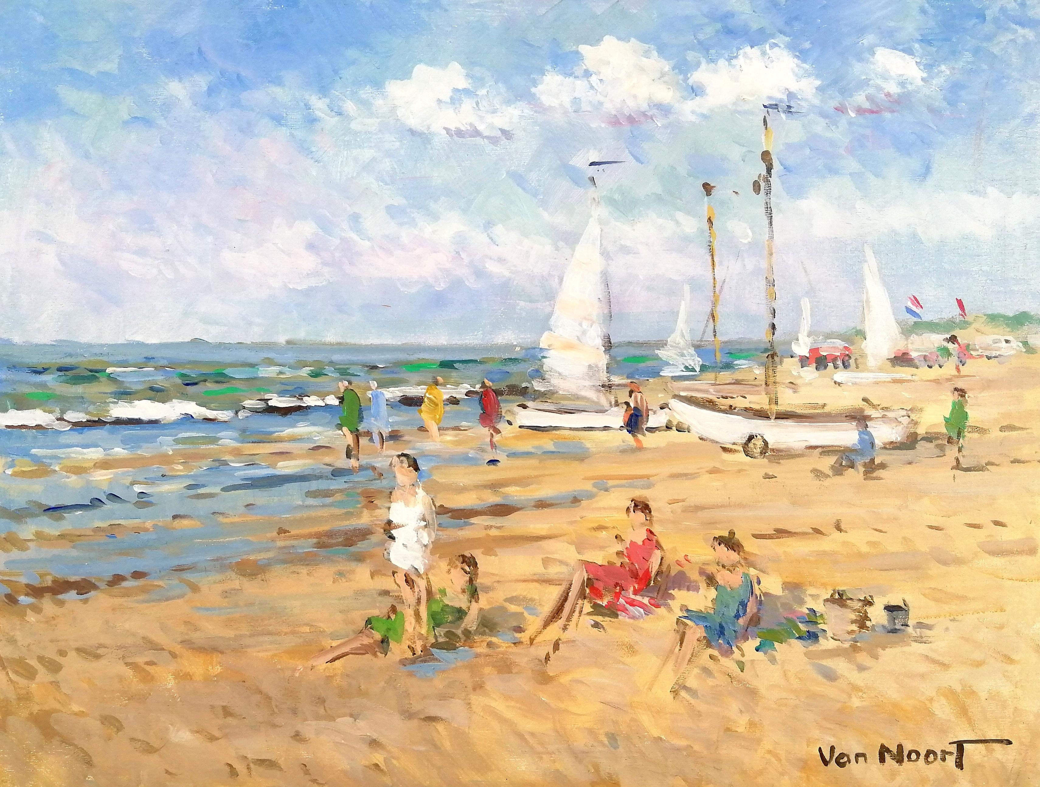 Giornata in spiaggia - Pittura ad olio impressionista olandese della metà del XX secolo