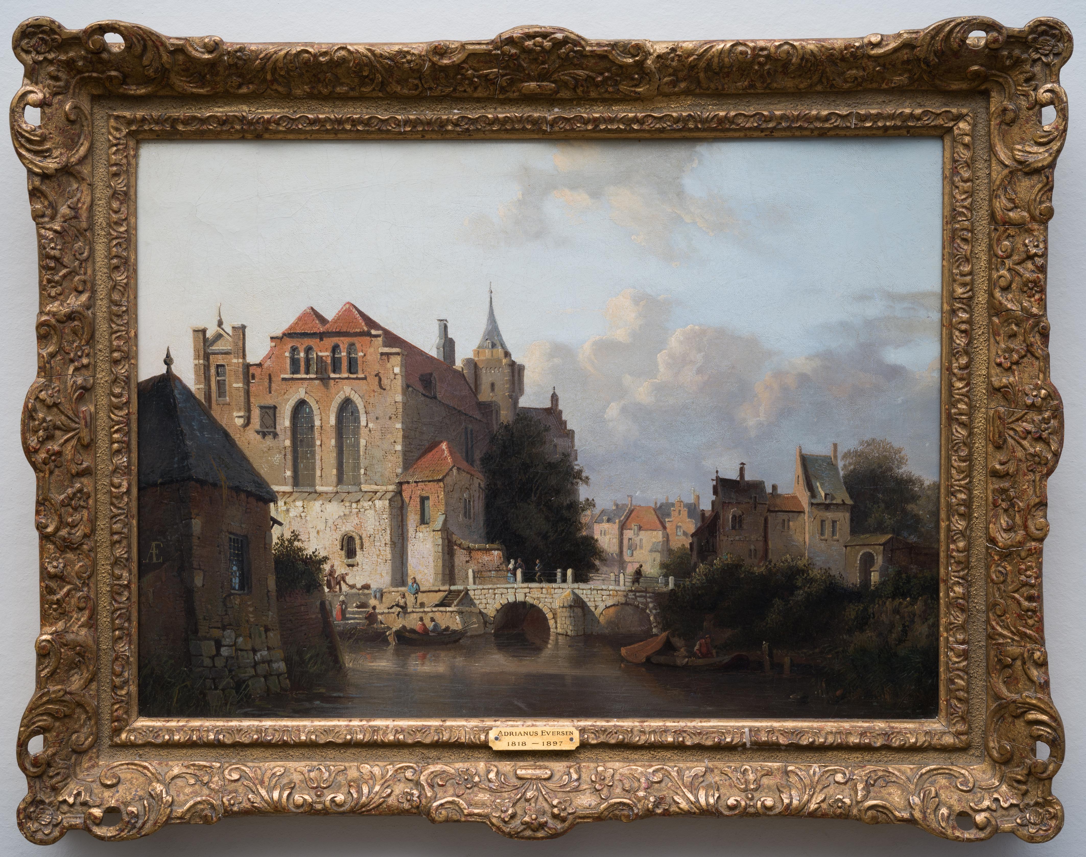 Eine niederländische Townes mit Figuren und Booten des niederländischen Künstlers Adrianus Eversen im Angebot 1