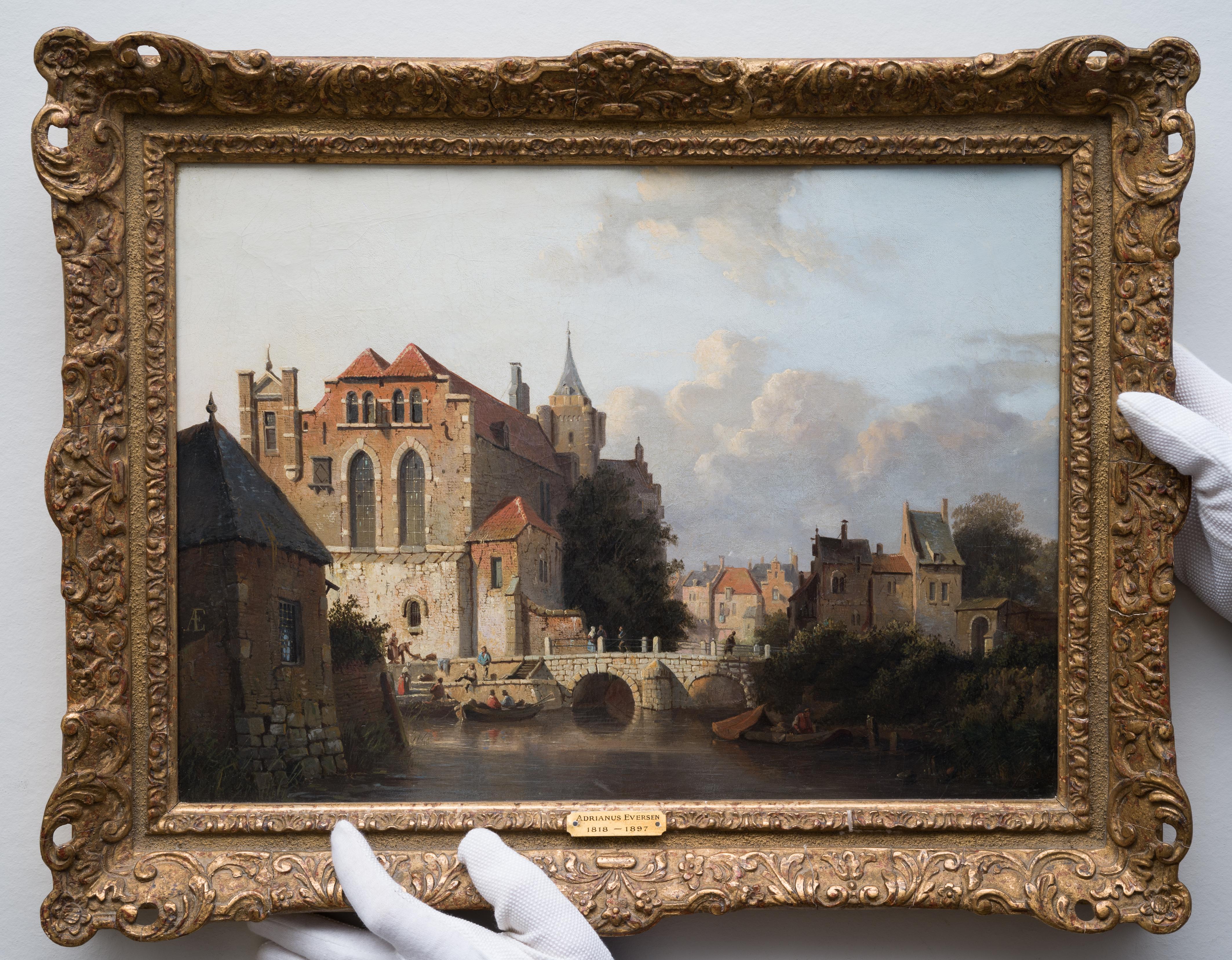 Eine niederländische Townes mit Figuren und Booten des niederländischen Künstlers Adrianus Eversen im Angebot 2