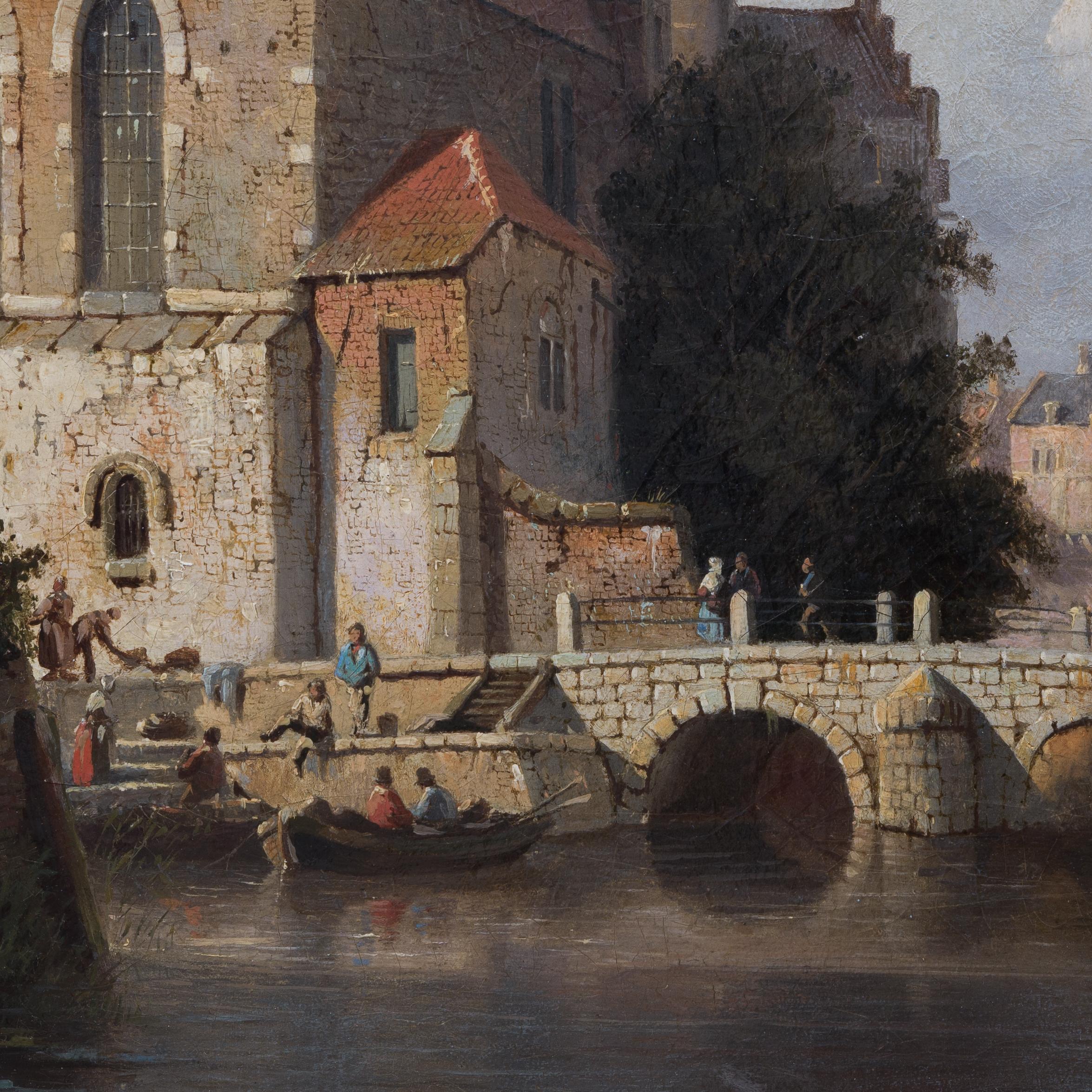 A Dutch Canal Town With Figures and Boats by Dutch Artist Adrianus Eversen For Sale 2