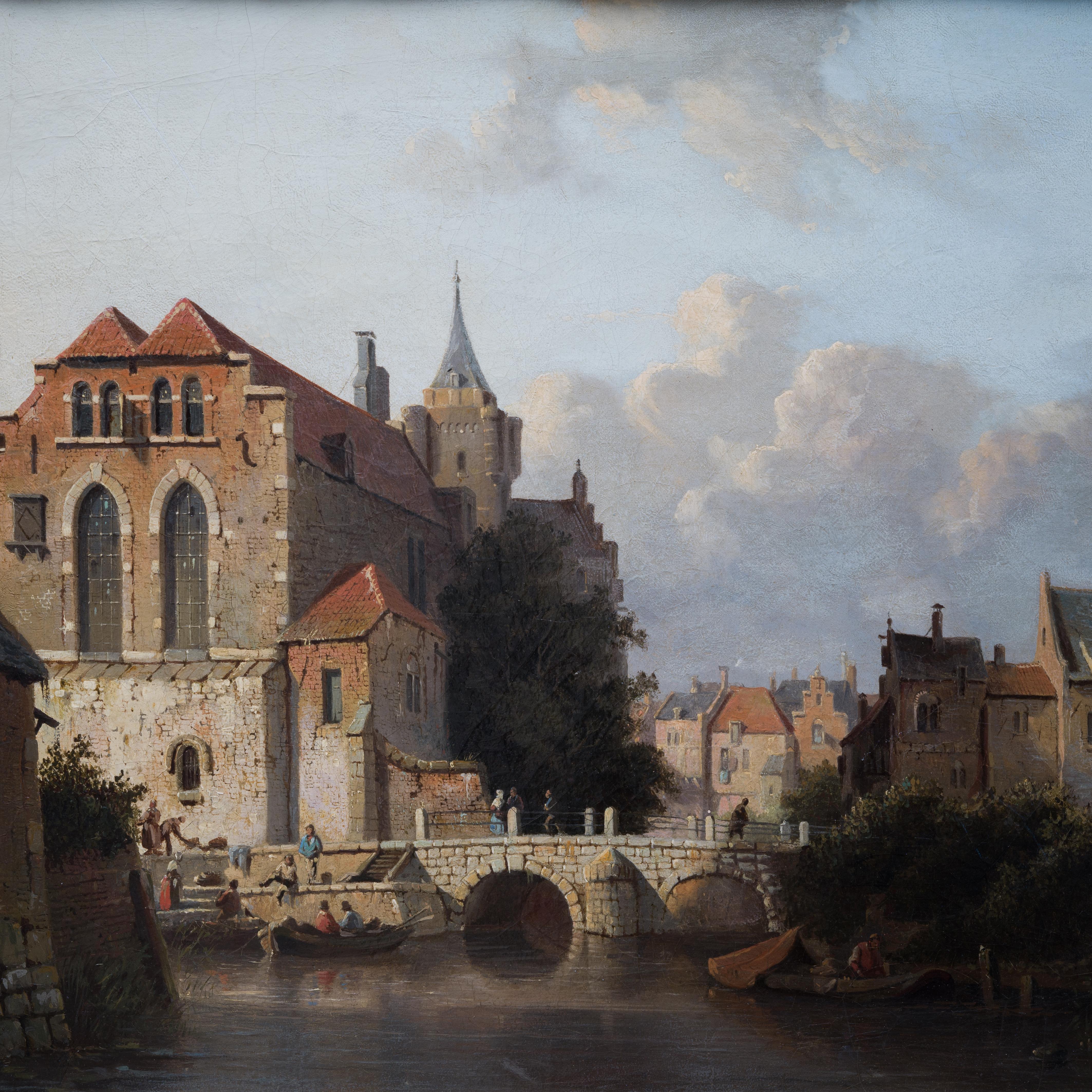 A Dutch Canal Town With Figures and Boats by Dutch Artist Adrianus Eversen For Sale 4