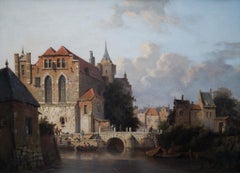 A Dutch Canal Town With Figures and Boats by Dutch Artist Adrianus Eversen