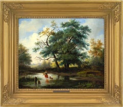 Adrianus Hendrikus de Bruine, Landscape With Oak Trees, Pond & Traveller