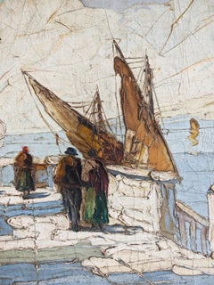 Adriatic Coastal Promenade, impressionist oil on canvas, Yugoslavia 1920s