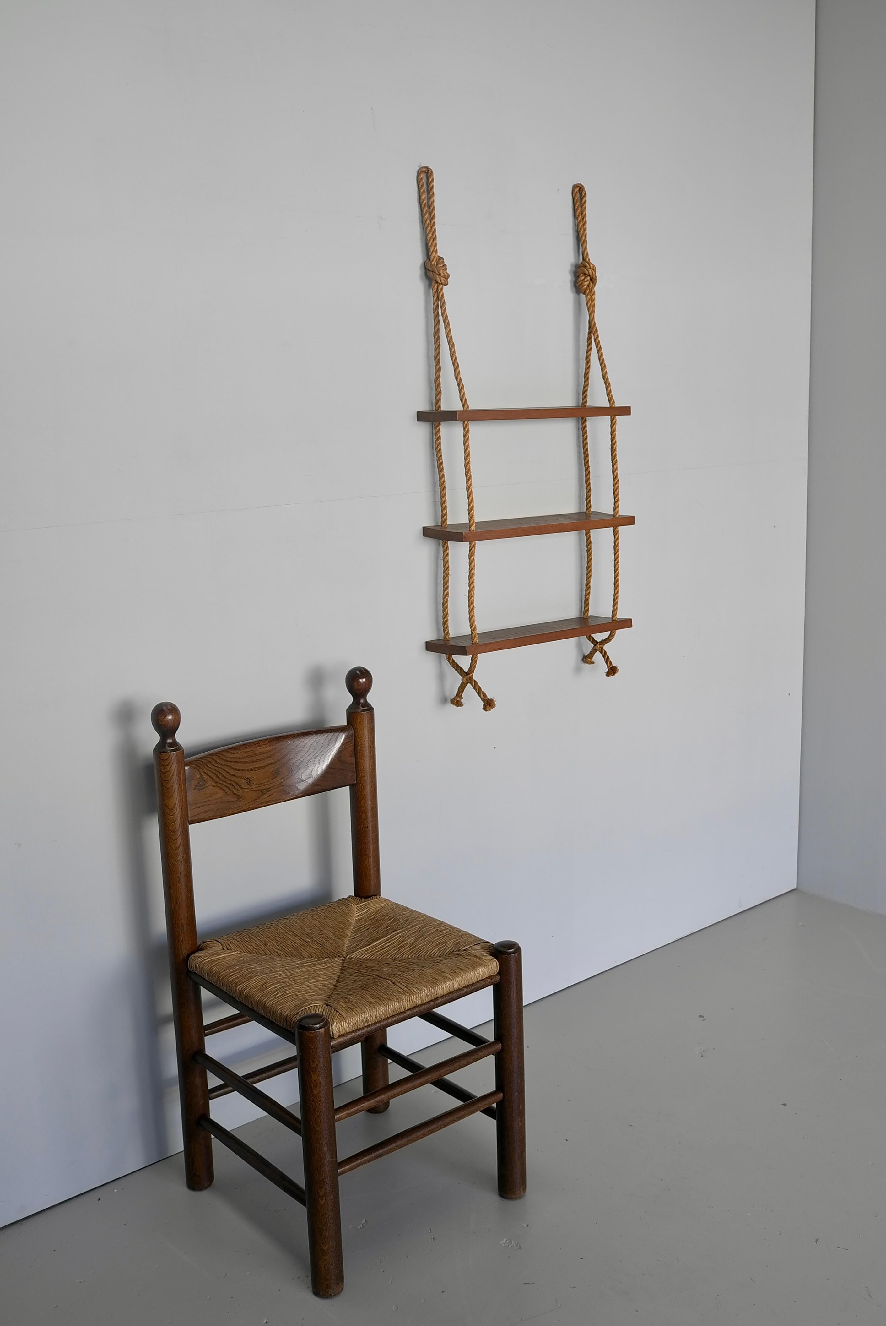 Adrien Adoux and Frida Minet Rope and Teak Wall hanging Bookcase, France 1950's 4