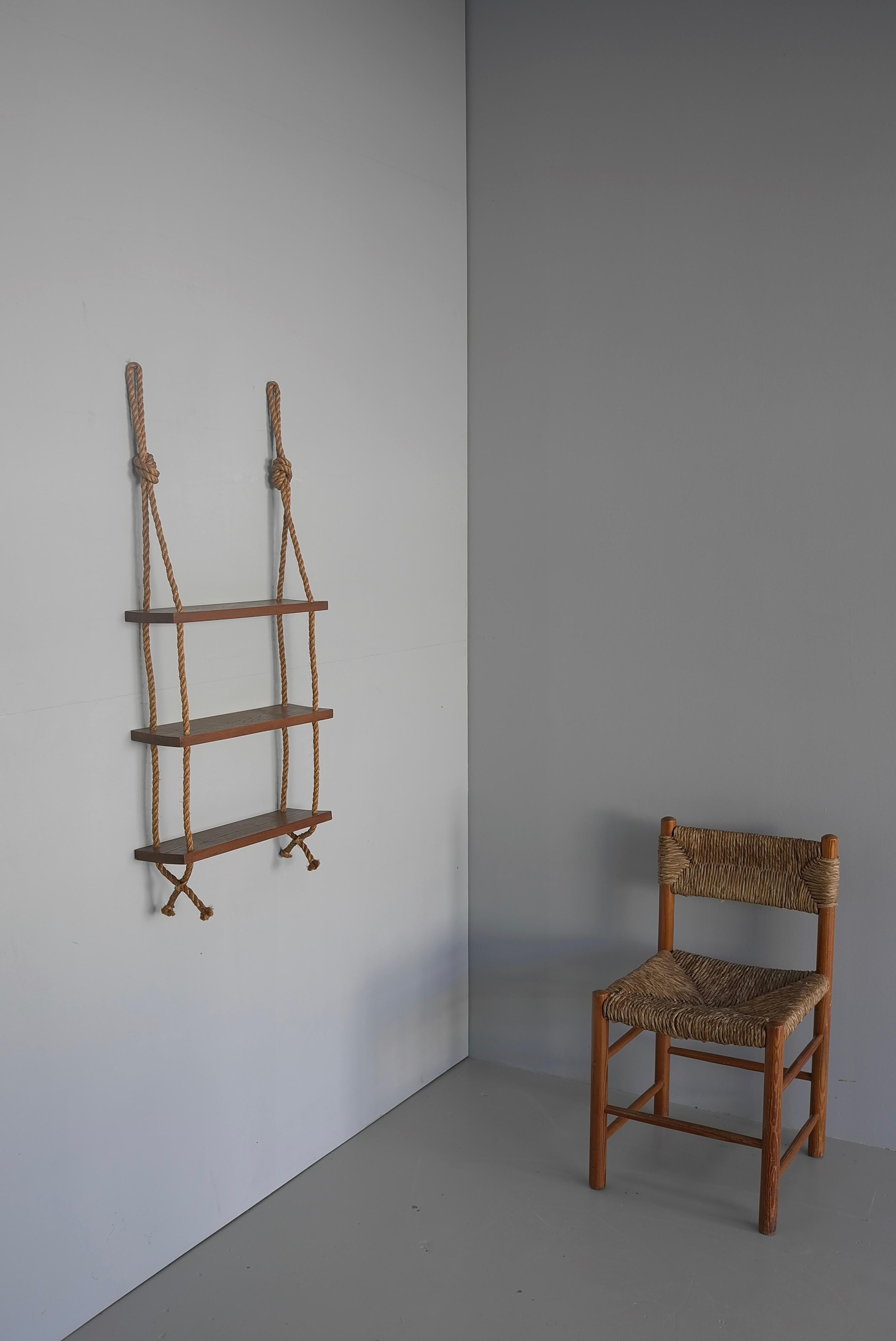 Adrien Adoux and Frida Minet Rope and Teak Wall hanging Bookcase, France 1950's 6