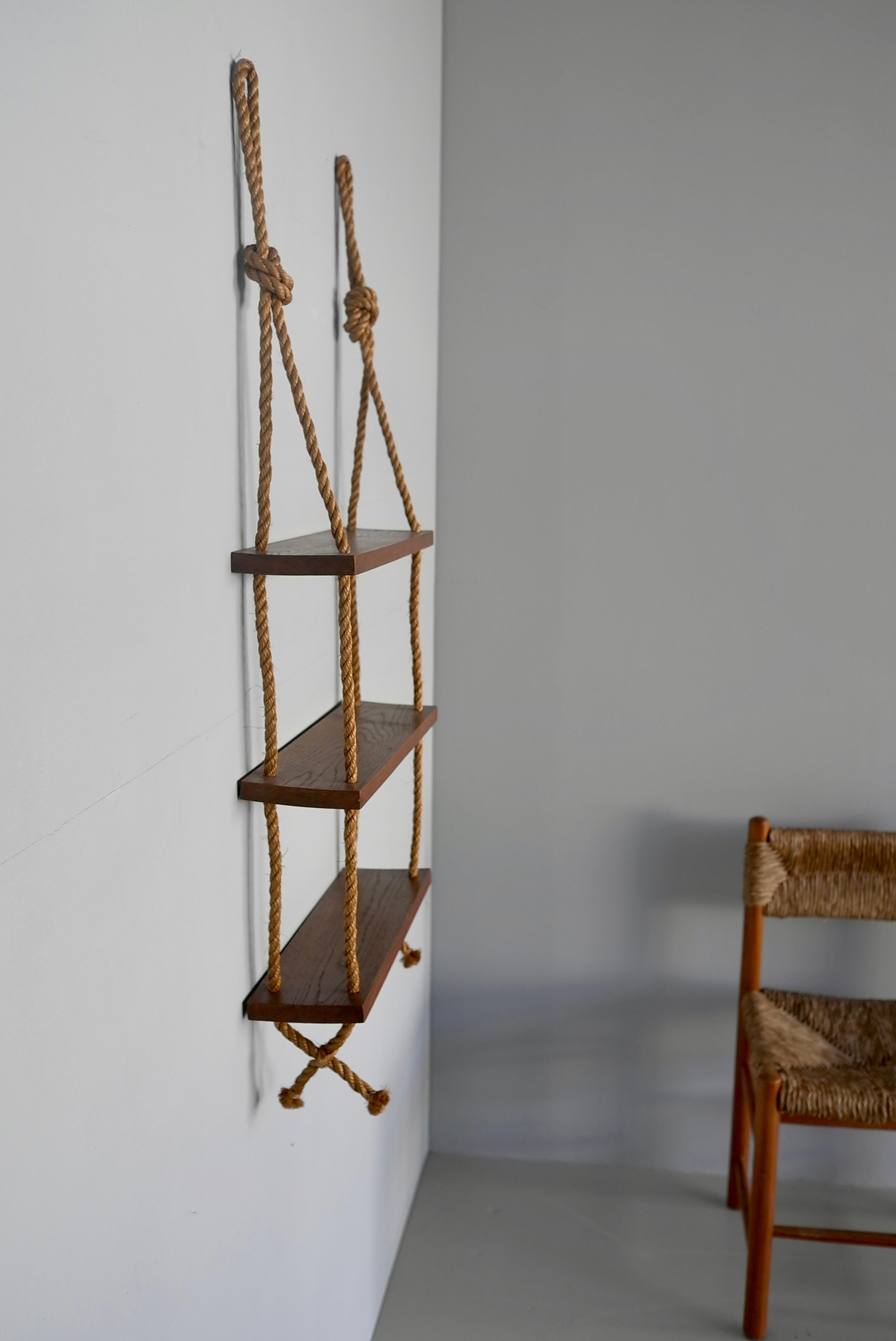 Adrien Adoux and Frida Minet Rope and Teak Wall hanging Bookcase, France 1950's 7