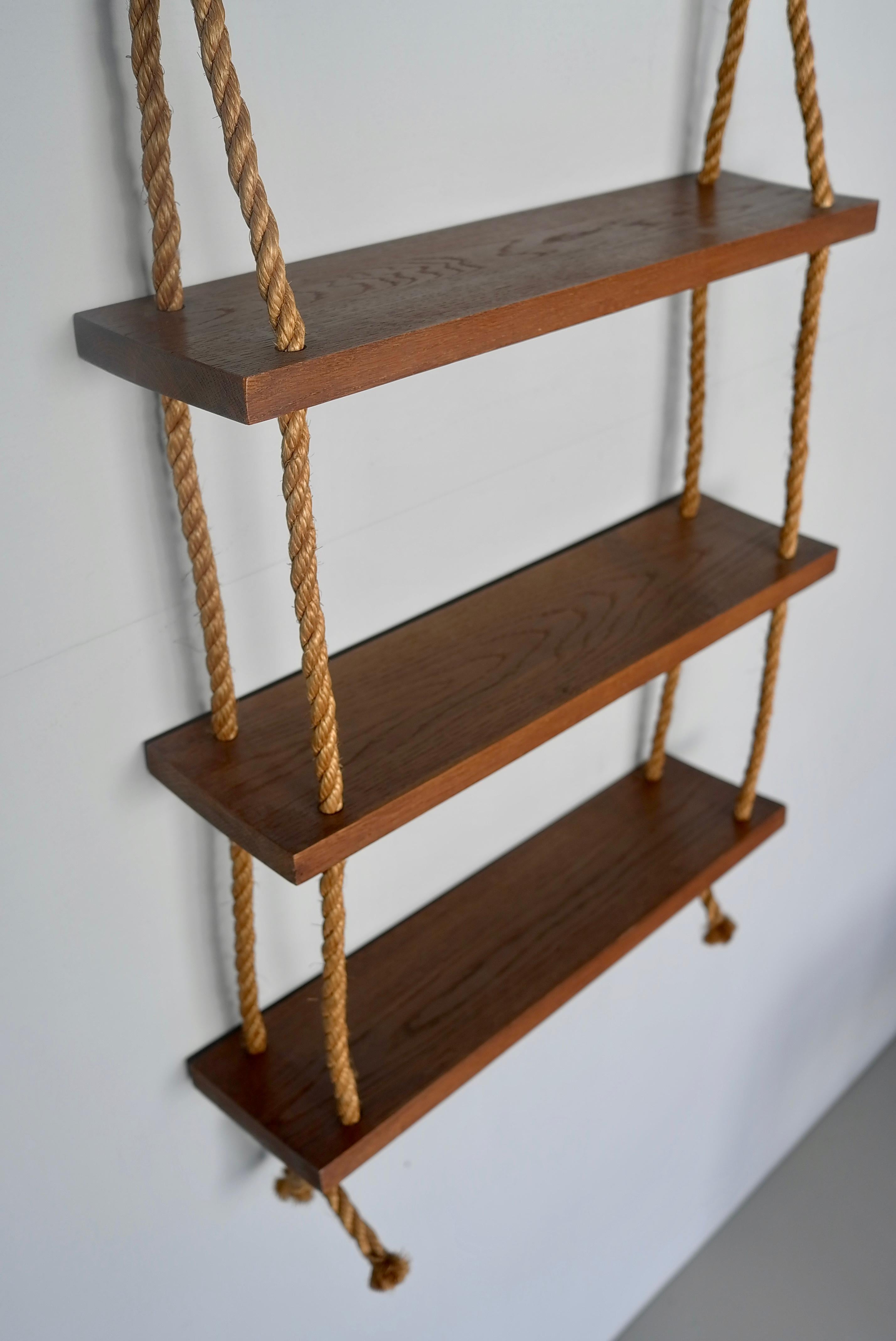 Adrien Adoux and Frida Minet Rope and Teak Wall Bookcase, France 1950's