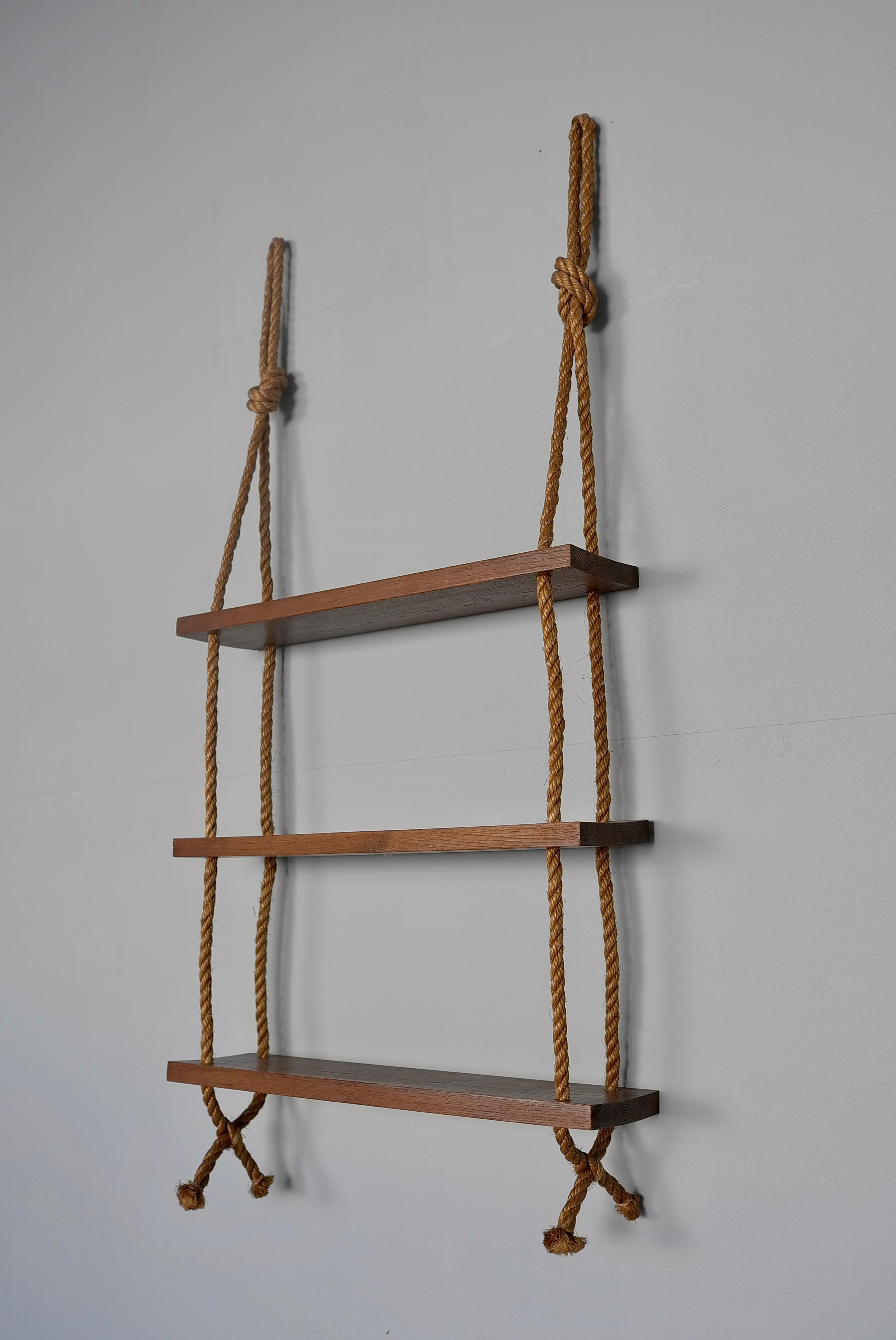 Mid-Century Modern Adrien Adoux and Frida Minet Rope and Teak Wall hanging Bookcase, France 1950's