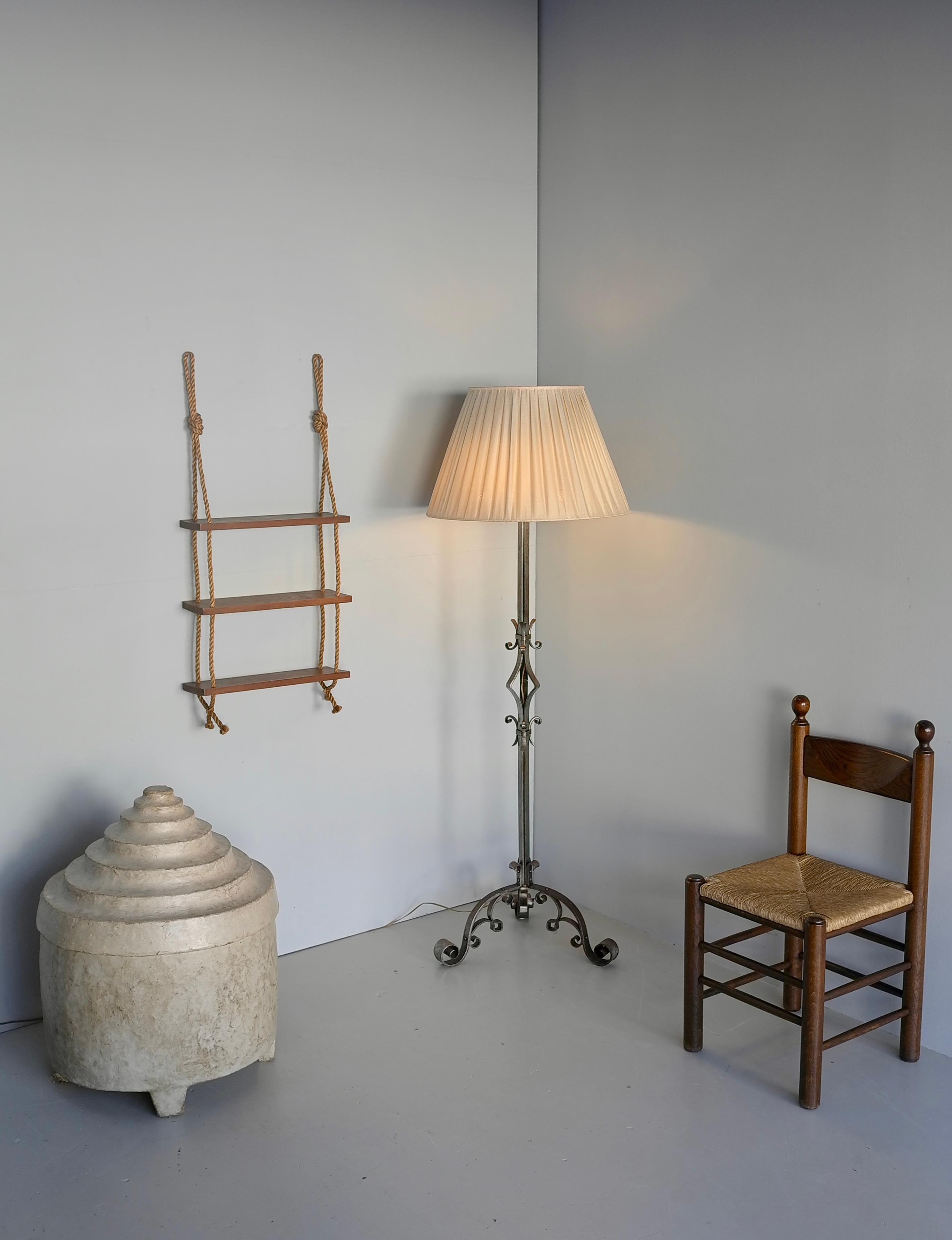French Adrien Adoux and Frida Minet Rope and Teak Wall hanging Bookcase, France 1950's