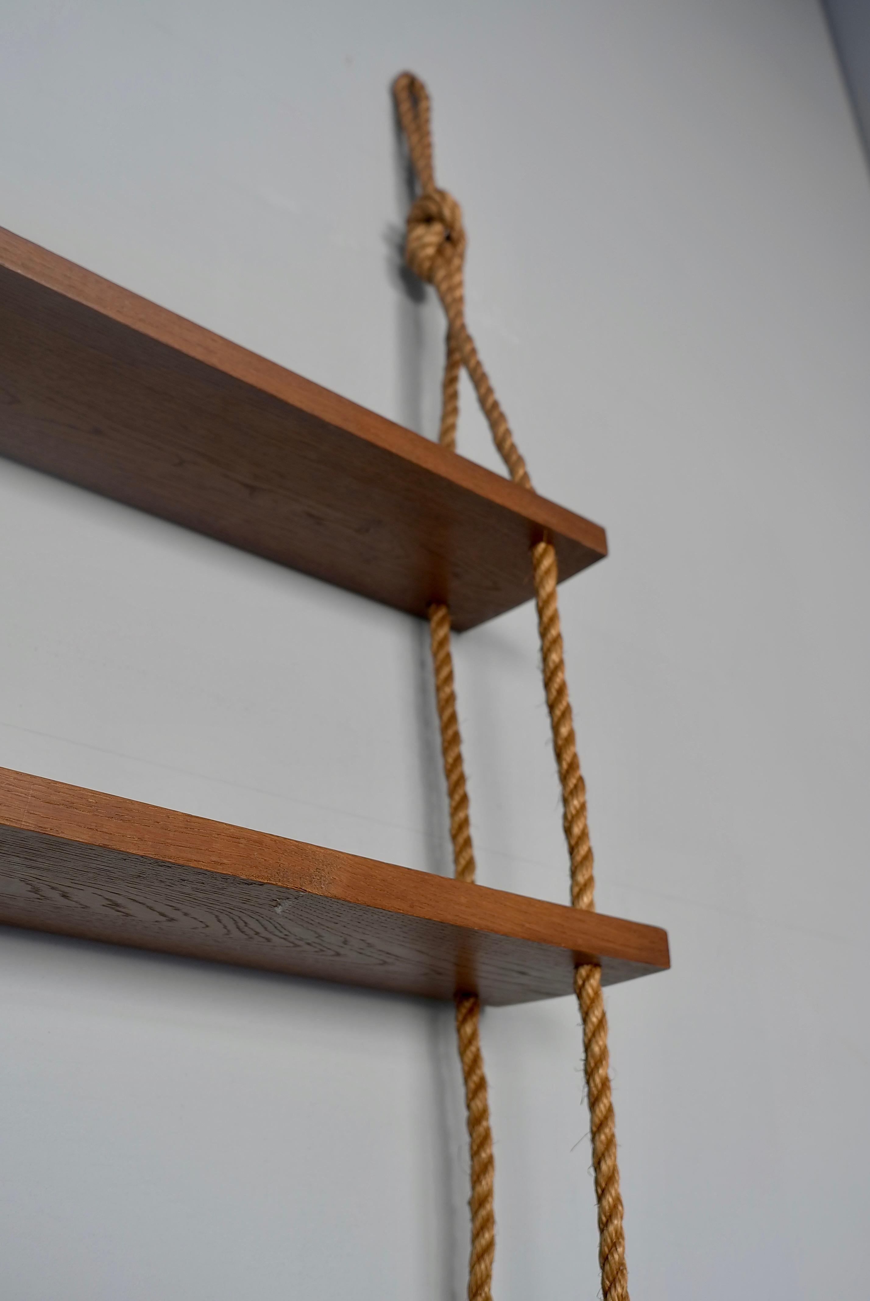 Adrien Adoux and Frida Minet Rope and Teak Wall hanging Bookcase, France 1950's In Good Condition In Den Haag, NL