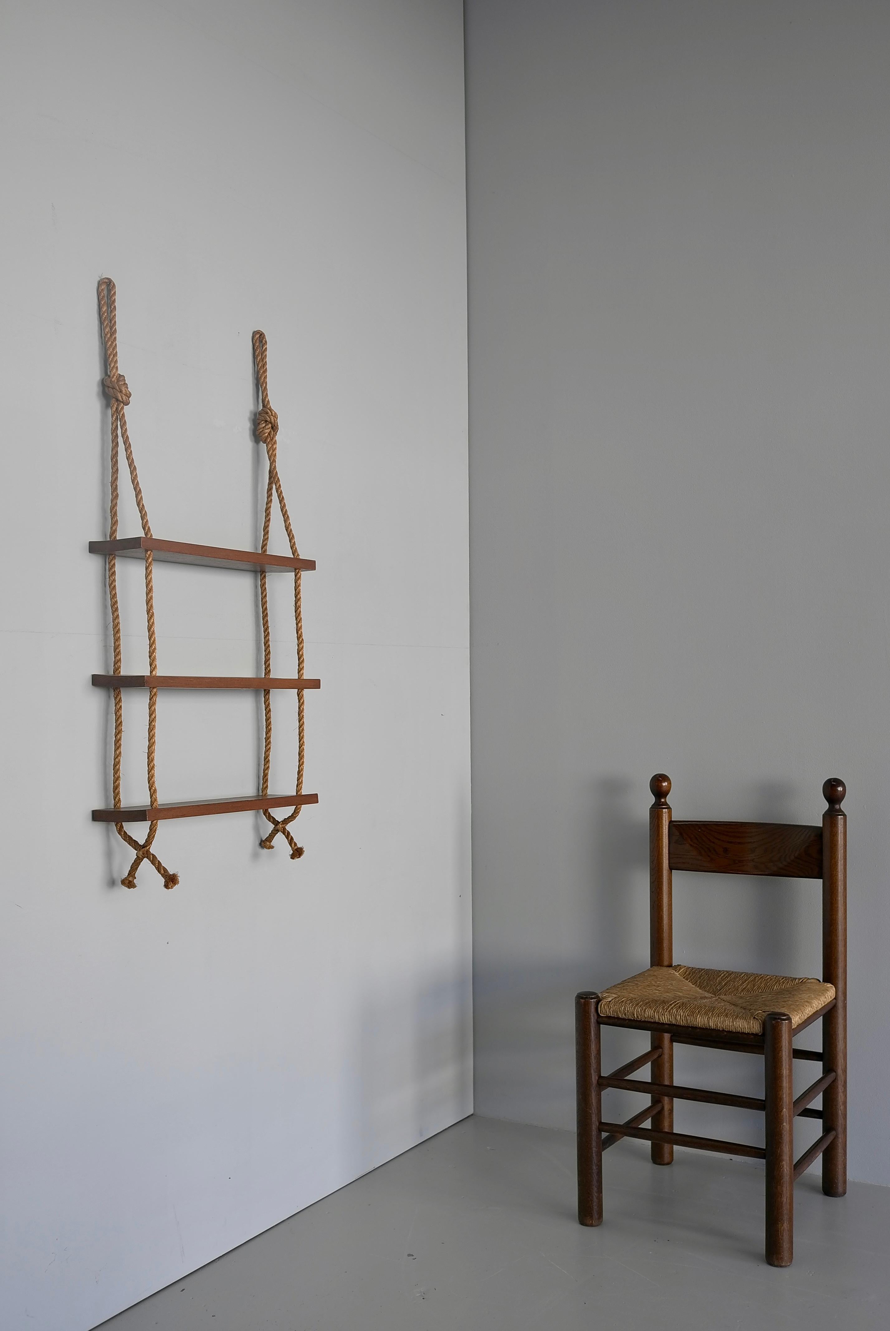 Mid-20th Century Adrien Adoux and Frida Minet Rope and Teak Wall hanging Bookcase, France 1950's