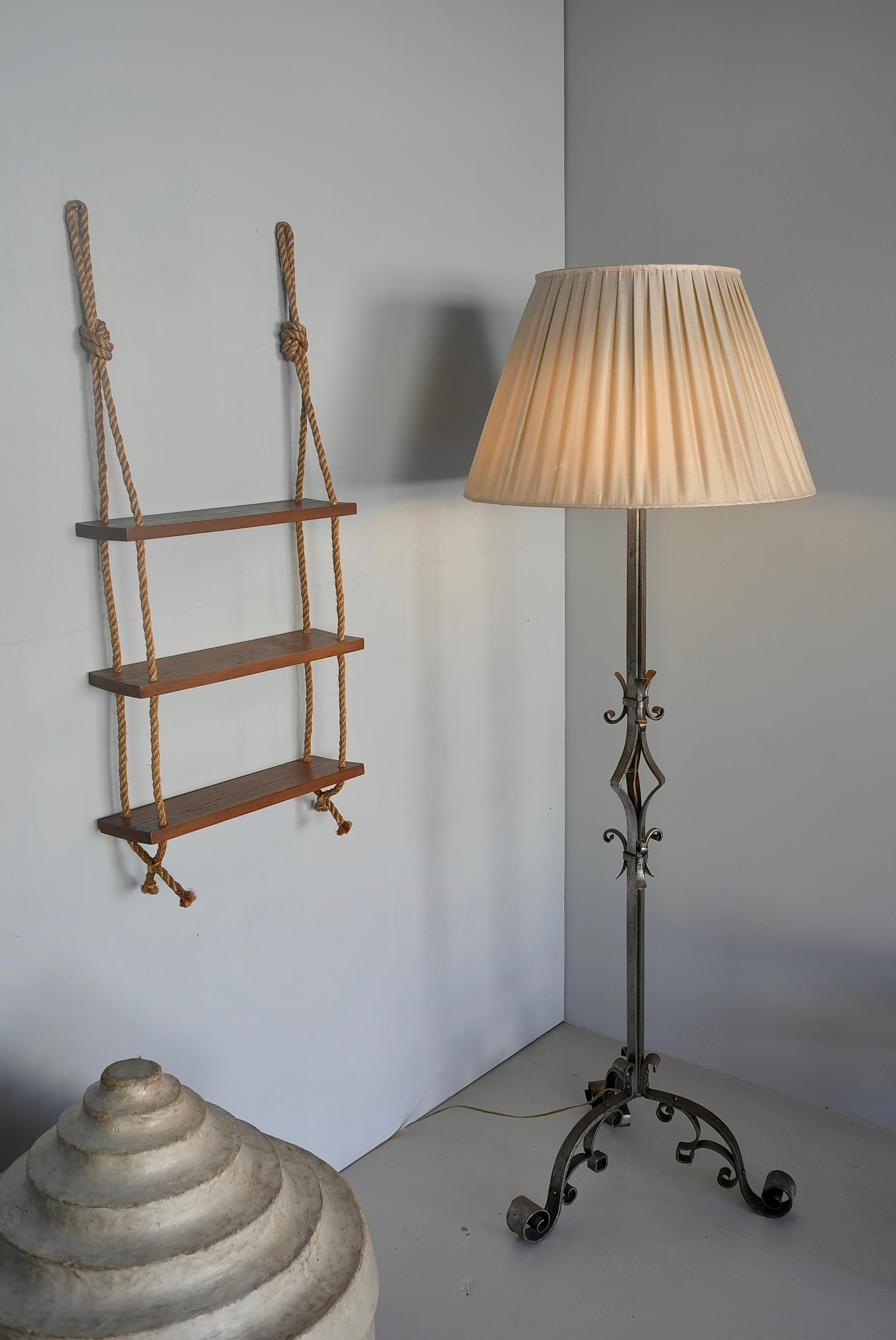 Adrien Adoux and Frida Minet Rope and Teak Wall hanging Bookcase, France 1950's 1