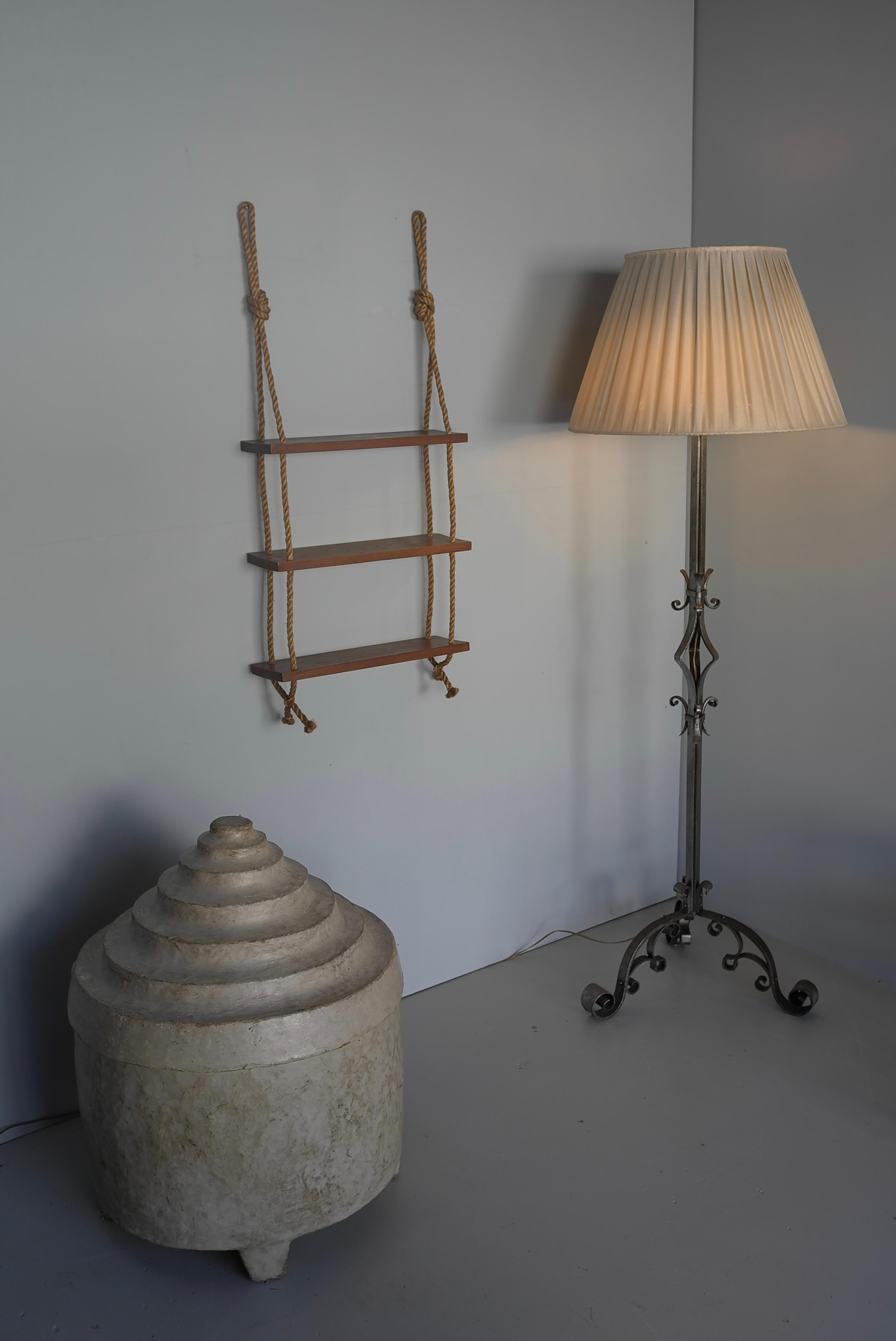 Adrien Adoux and Frida Minet Rope and Teak Wall hanging Bookcase, France 1950's 2