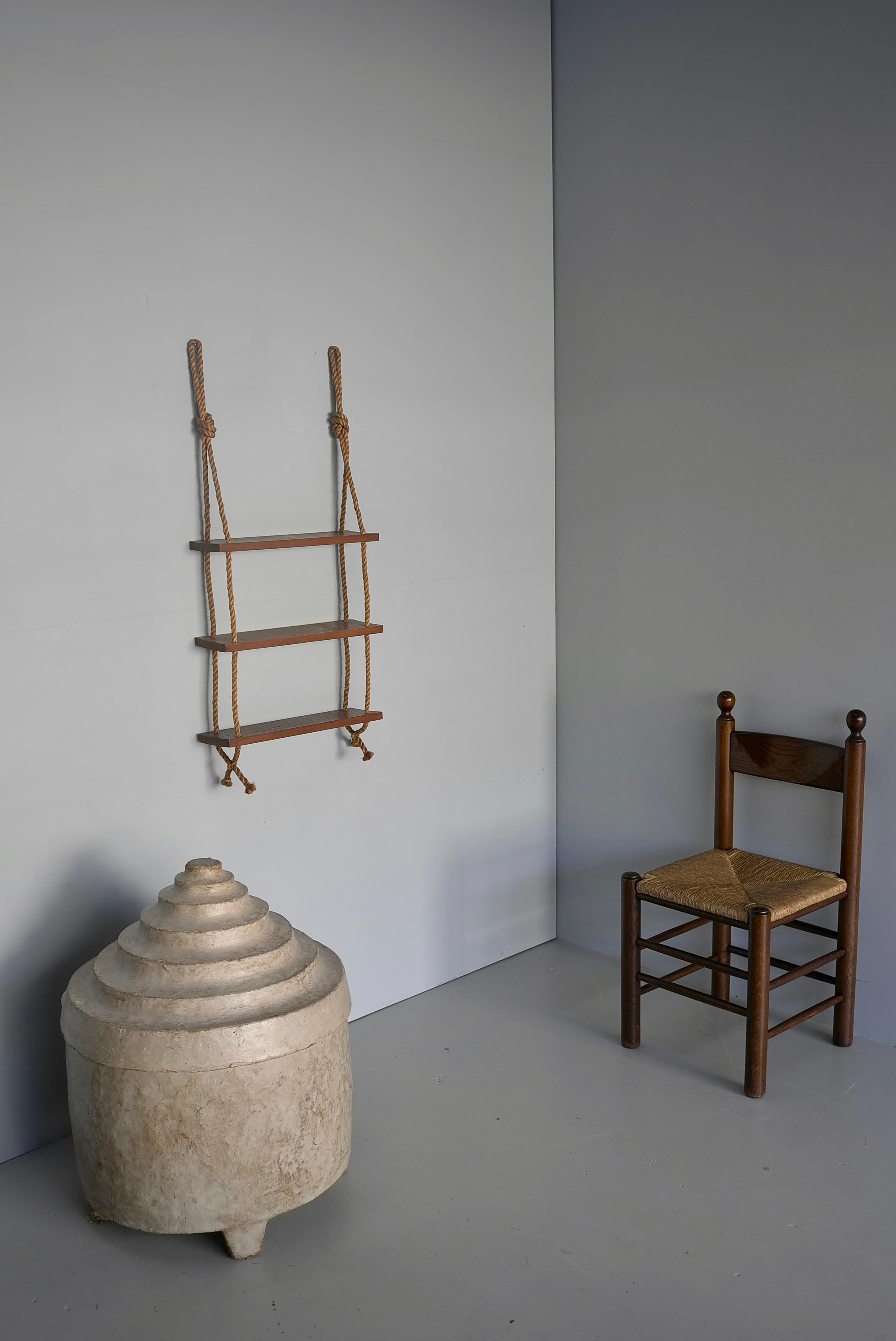Adrien Adoux and Frida Minet Rope and Teak Wall hanging Bookcase, France 1950's 3
