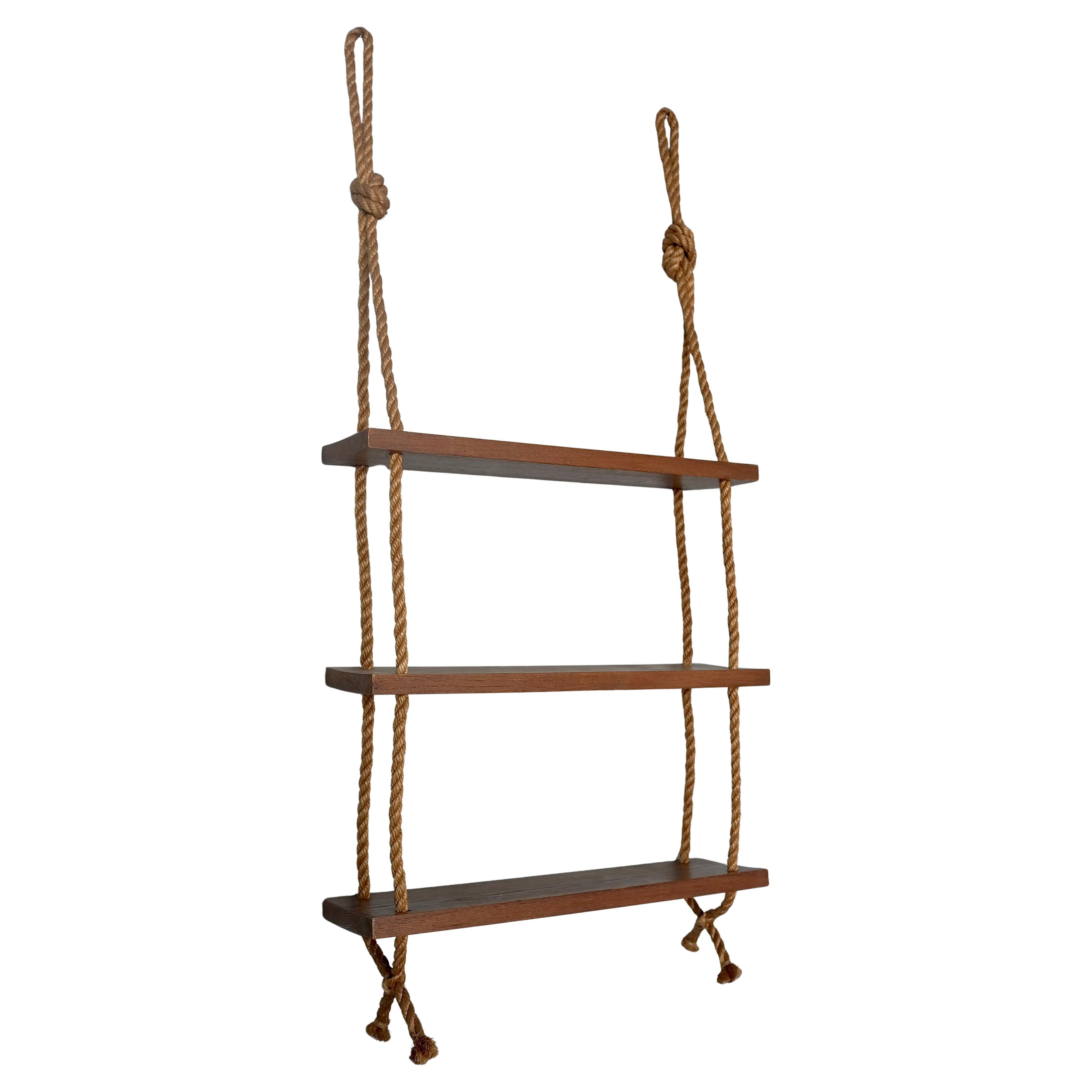 Adrien Adoux and Frida Minet Rope and Teak Wall hanging Bookcase, France 1950's