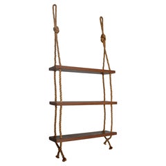 Adrien Adoux and Frida Minet Rope and Teak Wall hanging Bookcase, France 1950's