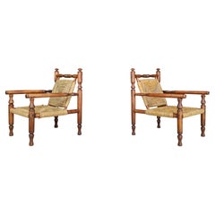 Vintage Adrien Audoux and Frida Minet beech and rope Lounge Chairs set/2, France 1950 