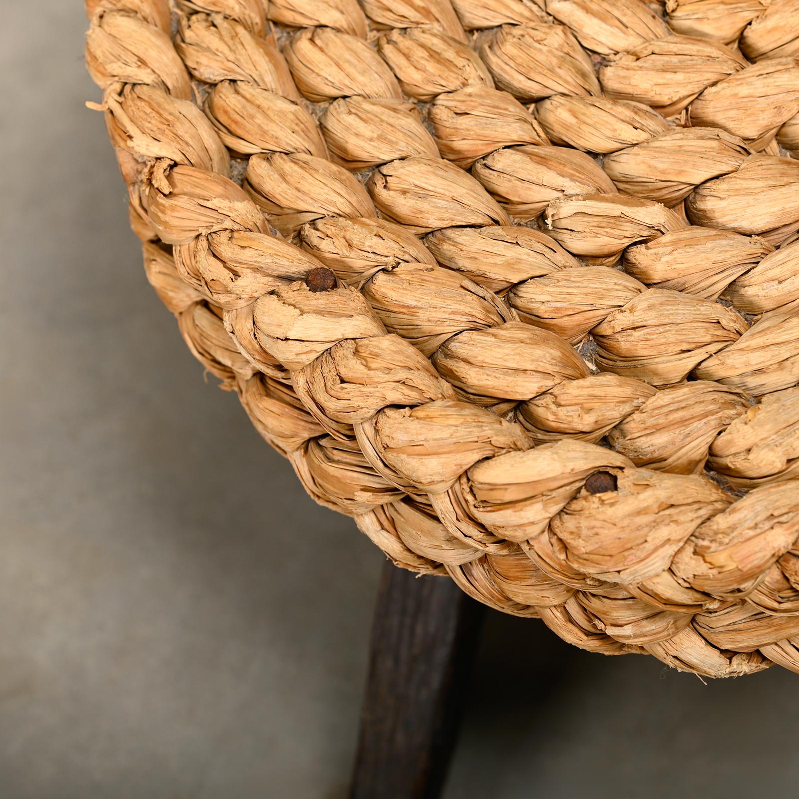 Adrien Audoux and Frida Minnet Fireplace Stool in Oak and Straw, France 1950s 2