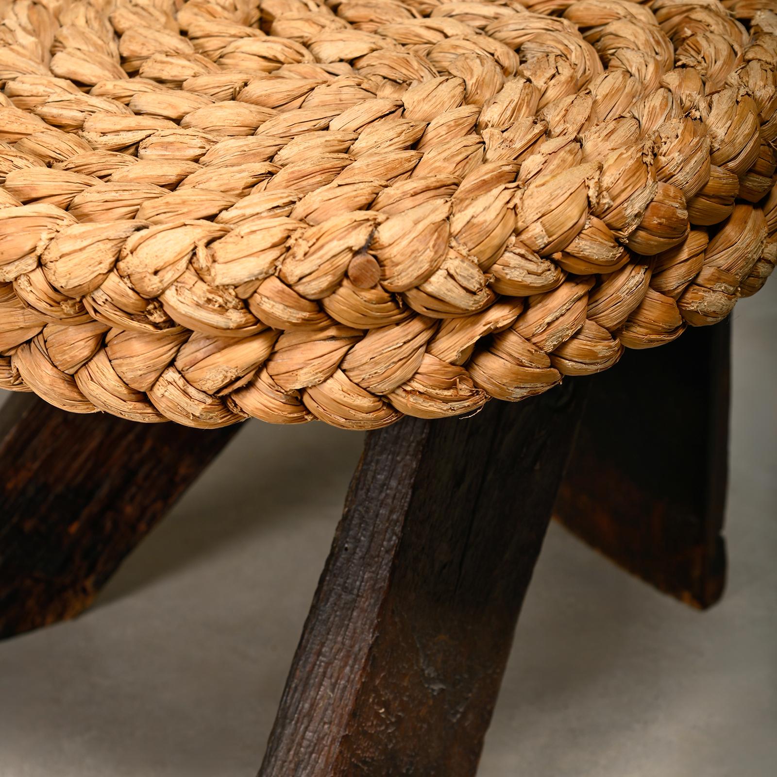 Adrien Audoux and Frida Minnet Fireplace Stool in Oak and Straw, France 1950s 5