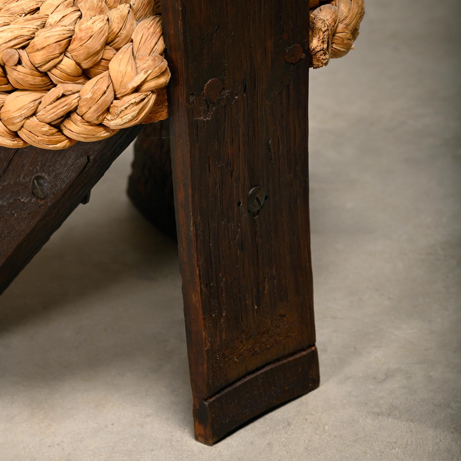 Adrien Audoux and Frida Minnet Fireplace Stool in Oak and Straw, France 1950s 9
