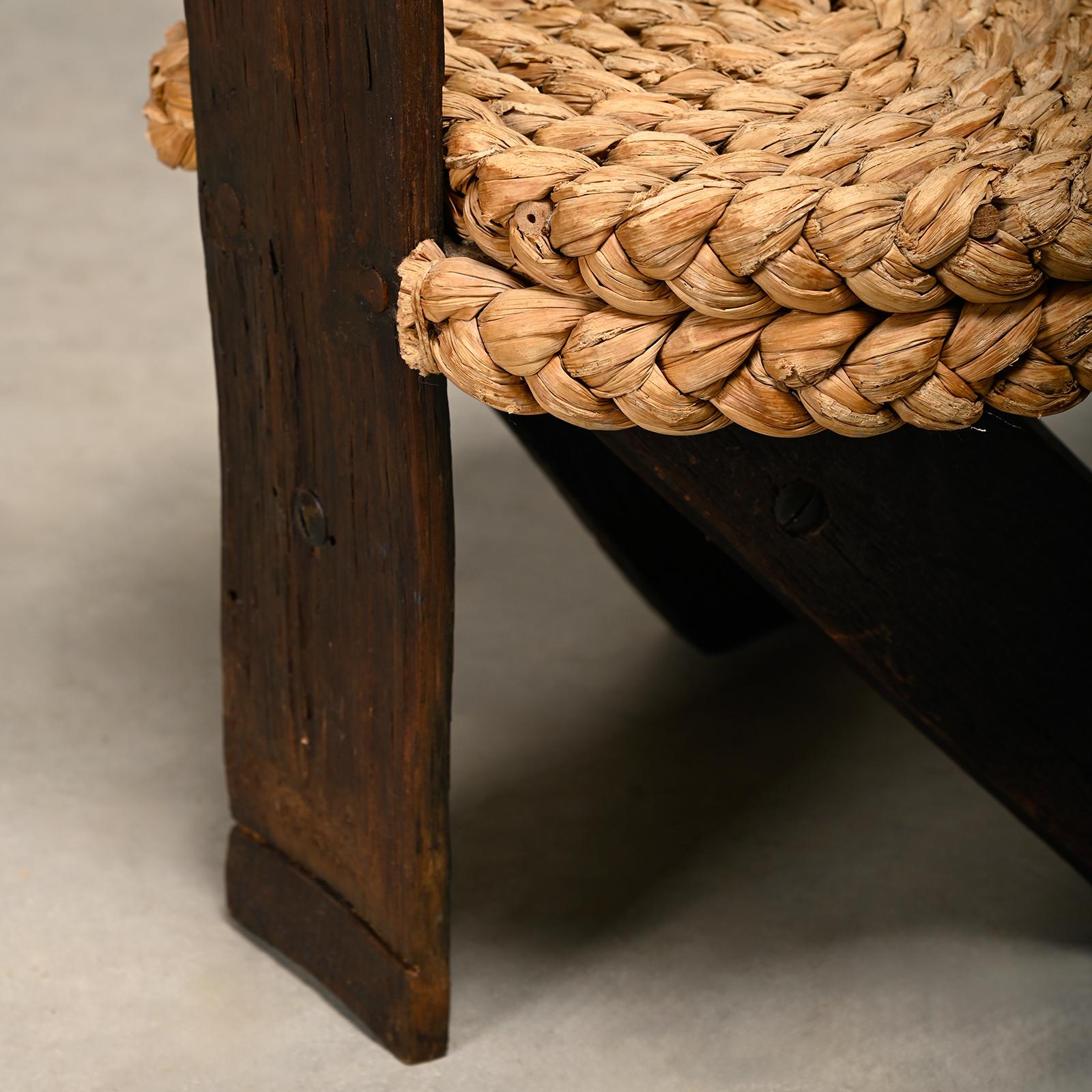 Adrien Audoux and Frida Minnet Fireplace Stool in Oak and Straw, France 1950s 10