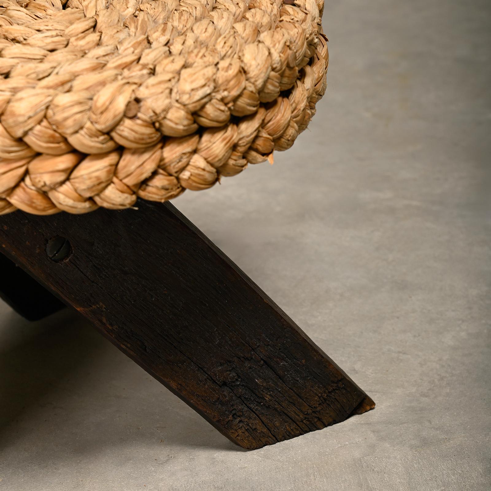 Adrien Audoux and Frida Minnet Fireplace Stool in Oak and Straw, France 1950s 11