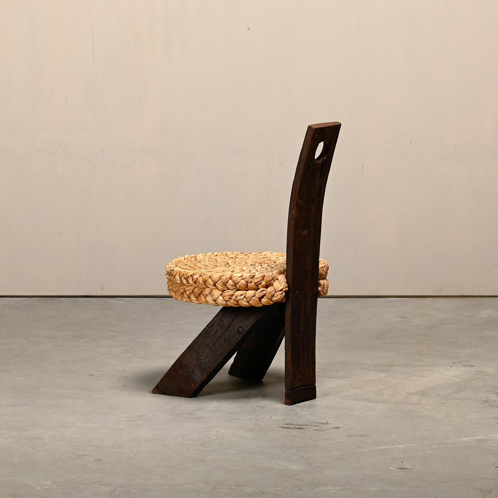 French Adrien Audoux and Frida Minnet Fireplace Stool in Oak and Straw, France 1950s