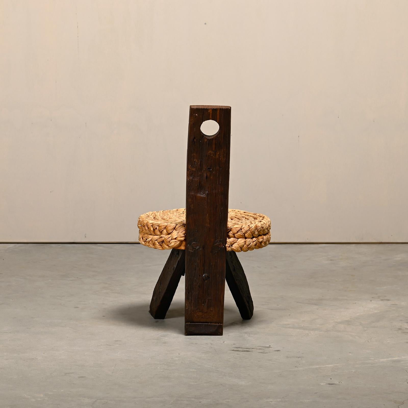 Hand-Woven Adrien Audoux and Frida Minnet Fireplace Stool in Oak and Straw, France 1950s