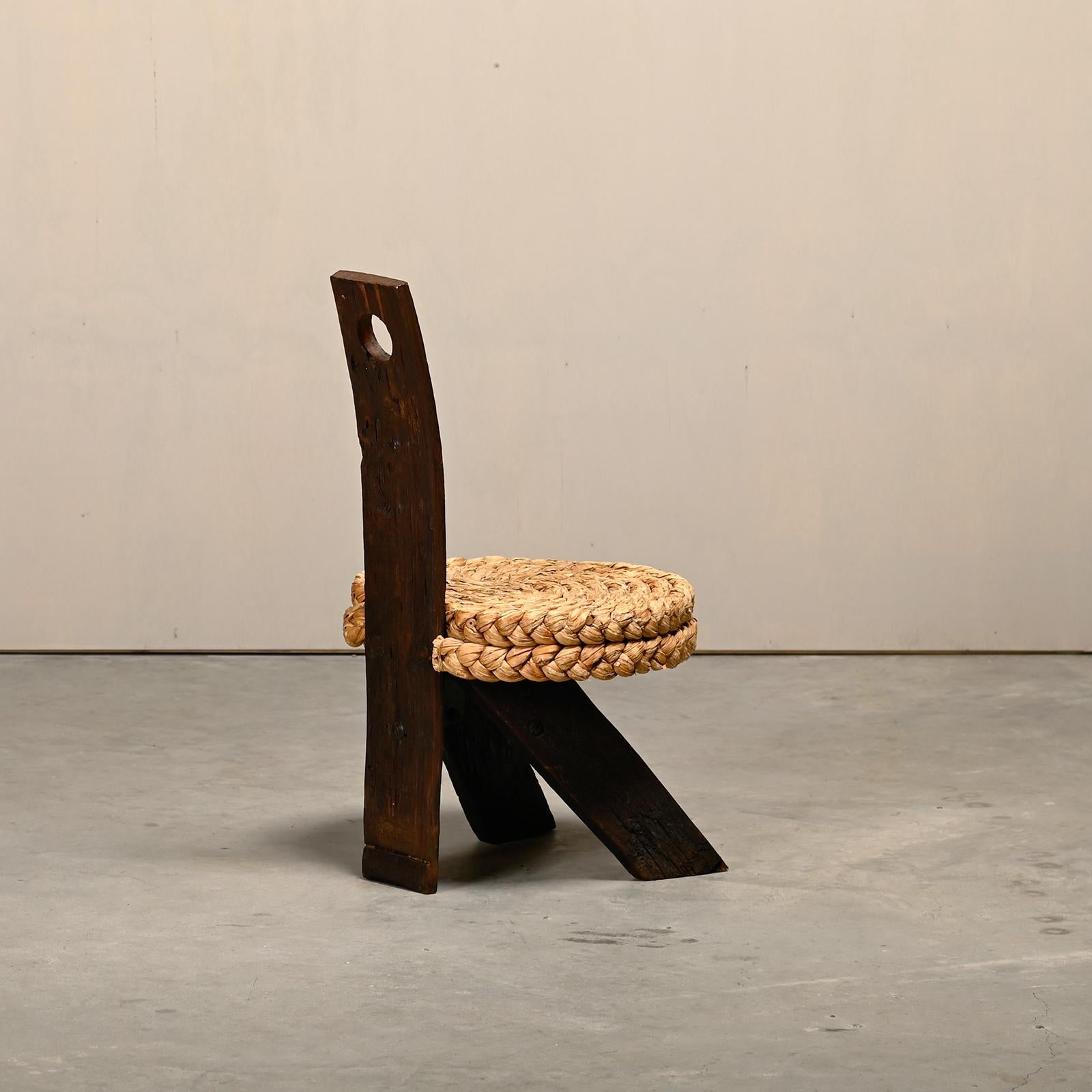 Adrien Audoux and Frida Minnet Fireplace Stool in Oak and Straw, France 1950s In Good Condition In Amsterdam, NL