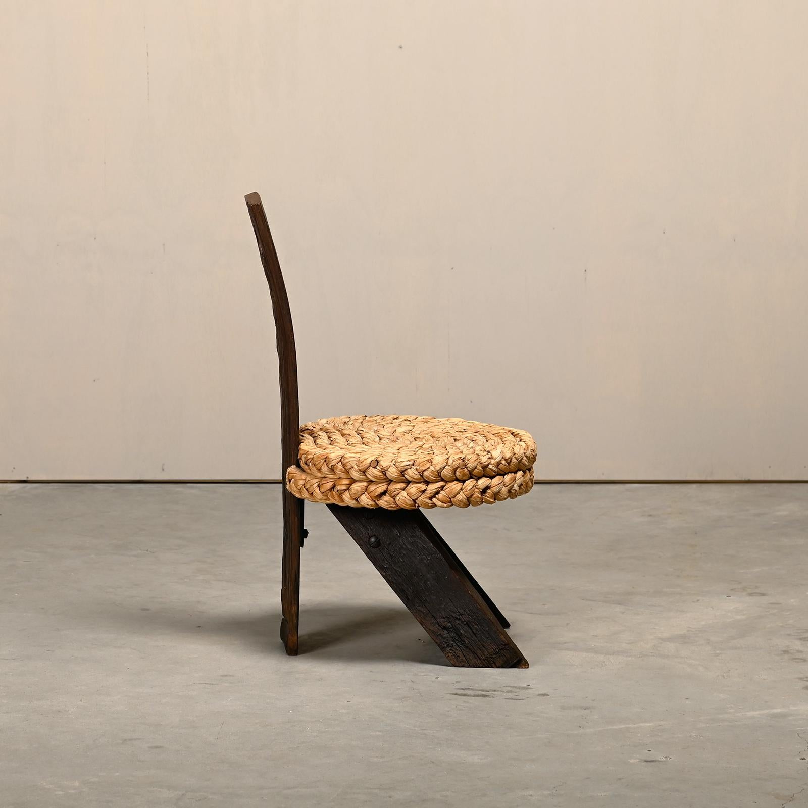 20th Century Adrien Audoux and Frida Minnet Fireplace Stool in Oak and Straw, France 1950s