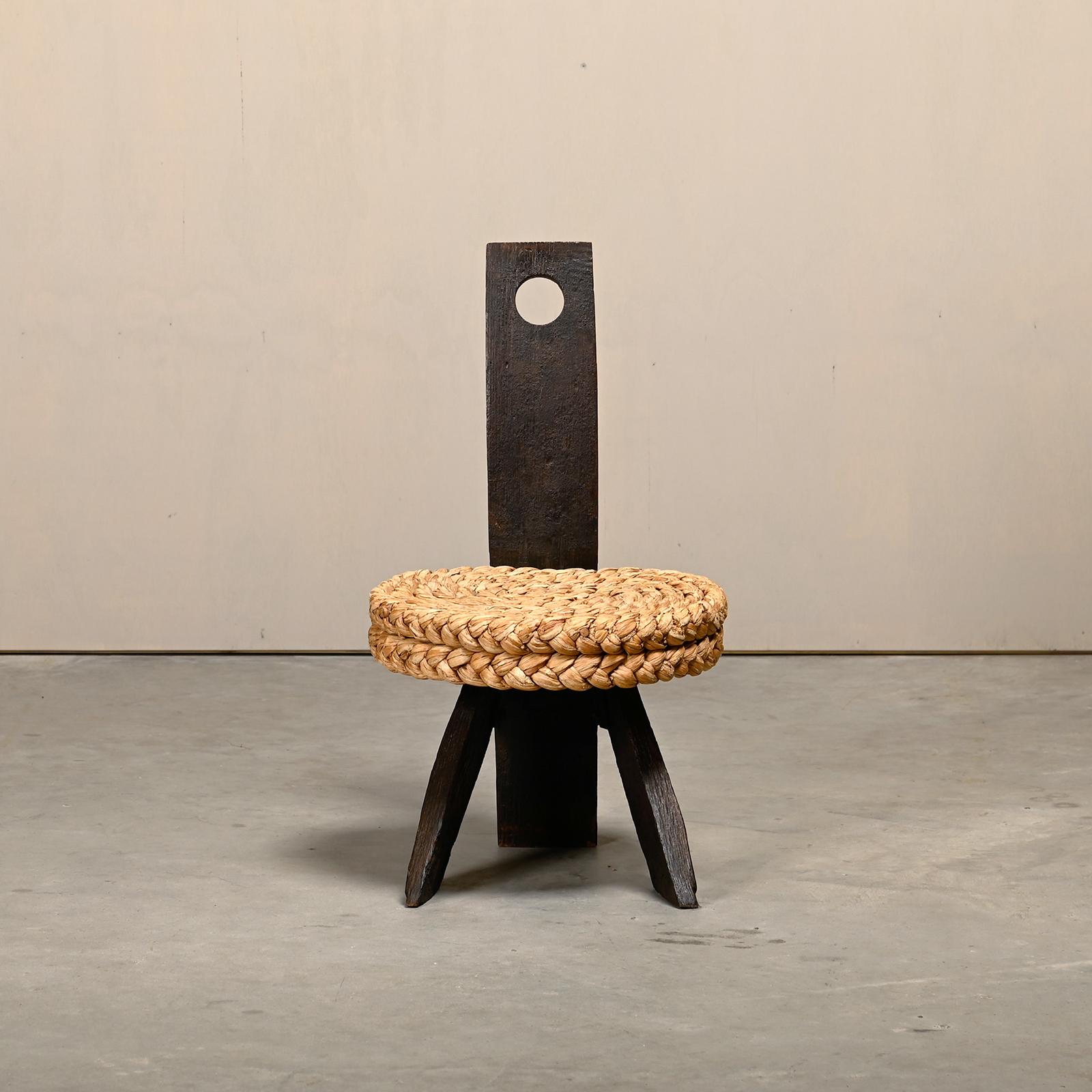 Metal Adrien Audoux and Frida Minnet Fireplace Stool in Oak and Straw, France 1950s