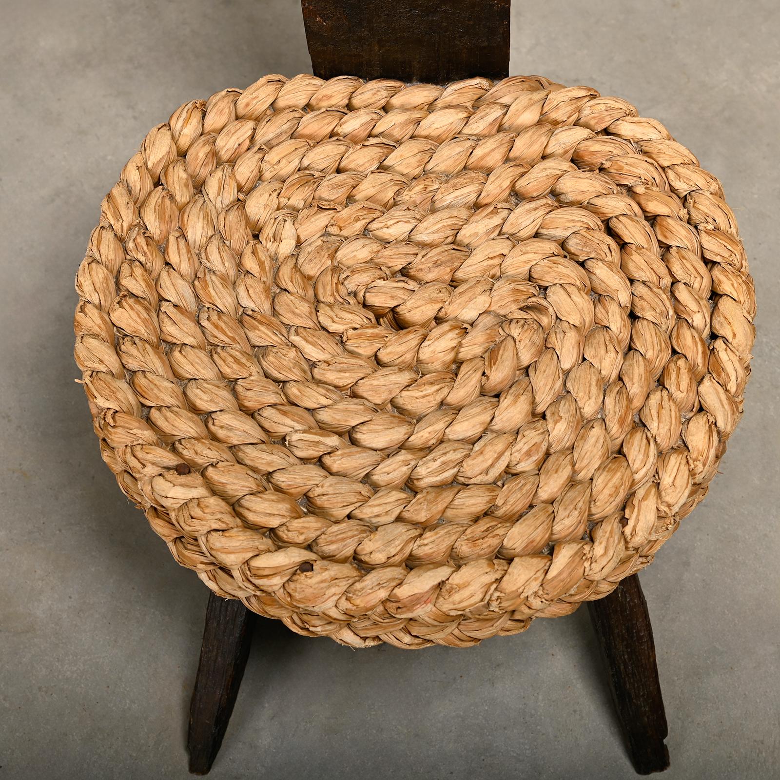 Adrien Audoux and Frida Minnet Fireplace Stool in Oak and Straw, France 1950s 1