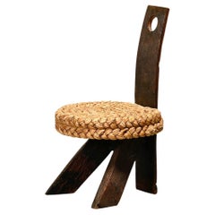 Adrien Audoux and Frida Minnet Fireplace Stool in Oak and Straw, France 1950s