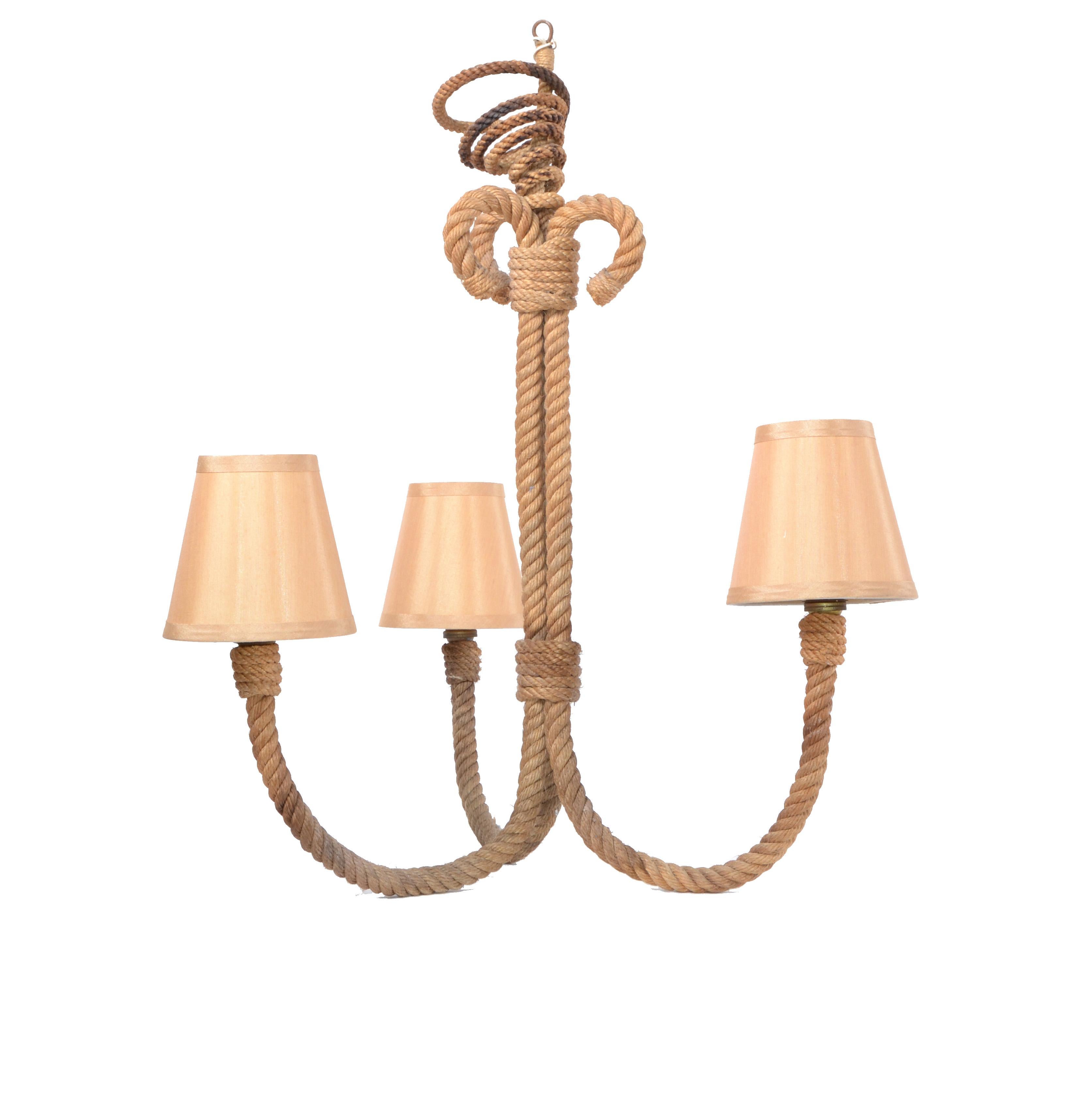 Adrien Audoux and Frida Minet Nautical French Three-Light Rope Chandelier, 1960 For Sale 1