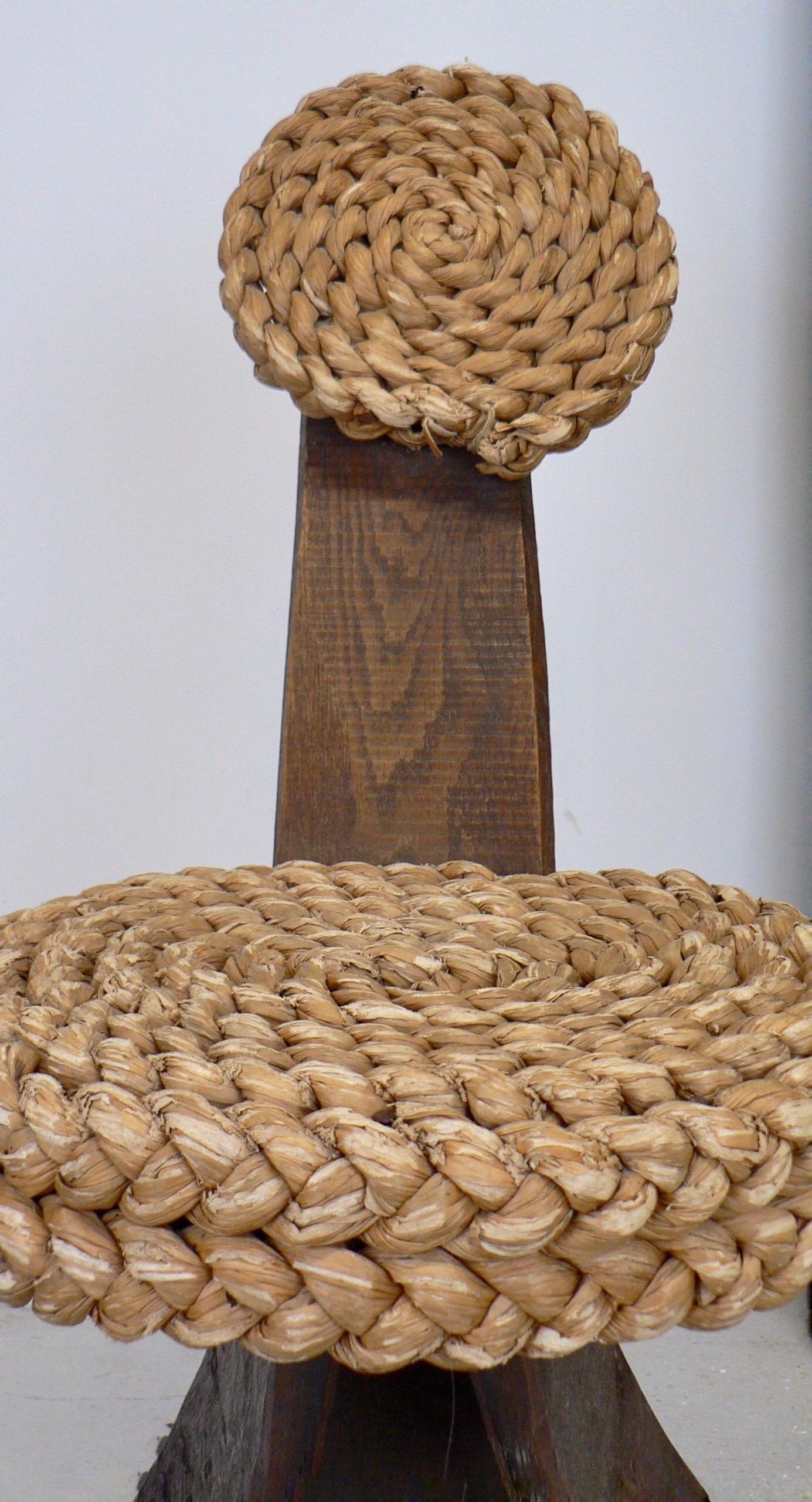 French Adrien Audoux and Frida Minet Oak and Woven Straw Occasional Chair For Sale