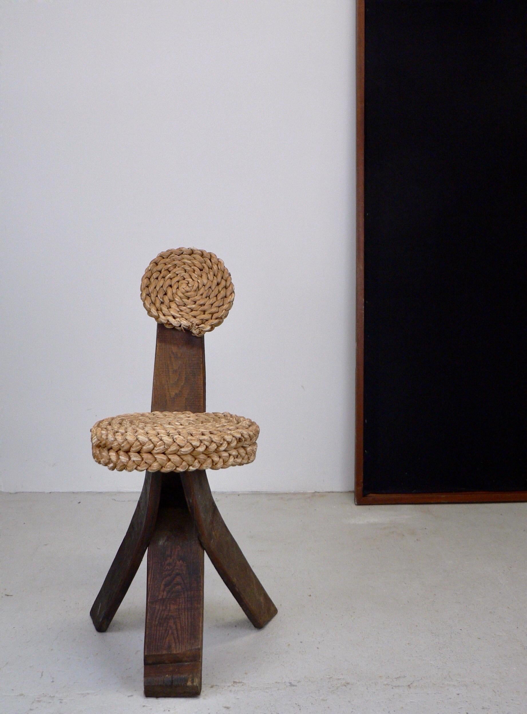 Mid-20th Century Adrien Audoux and Frida Minet Oak and Woven Straw Occasional Chair For Sale