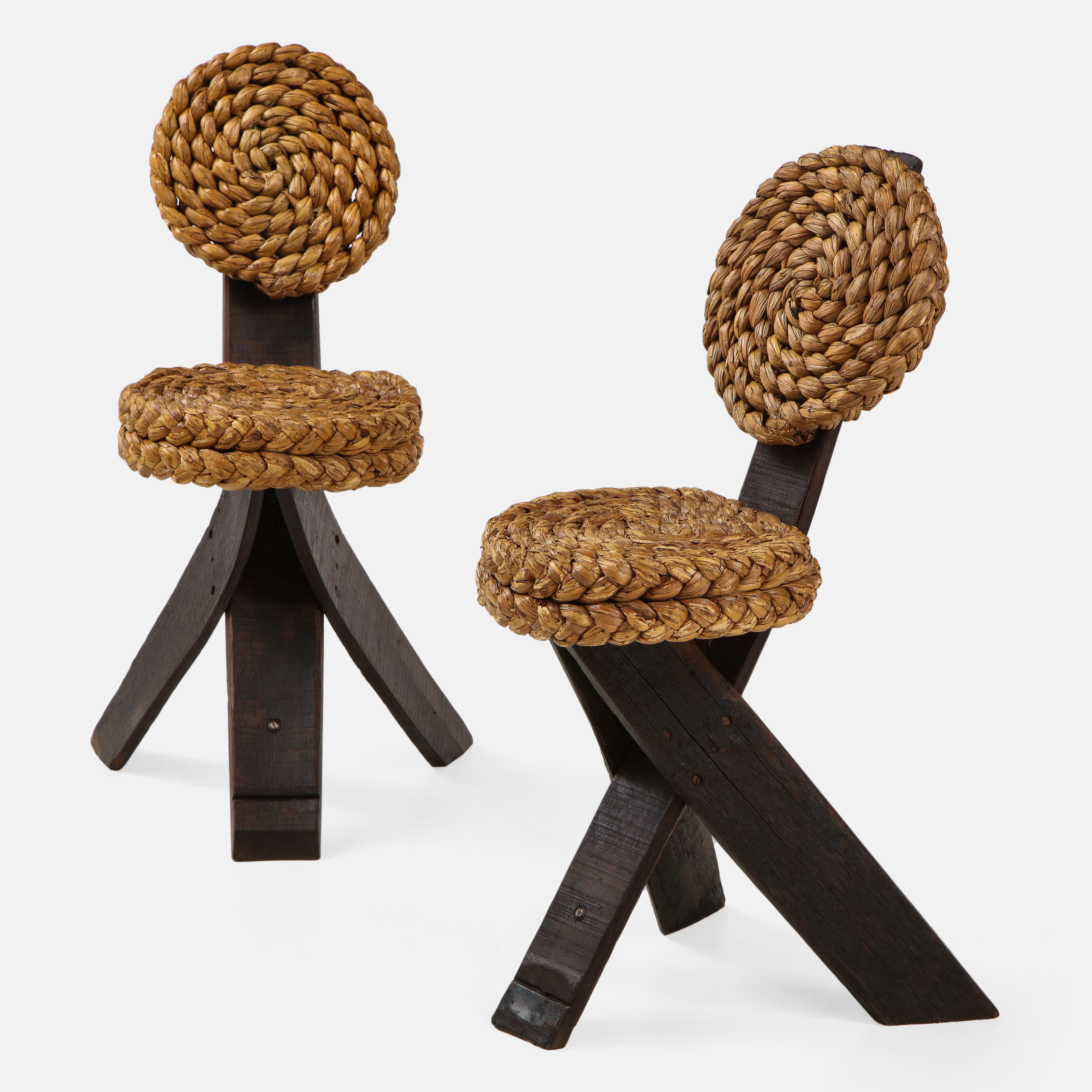 Brutalist Adrien Audoux and Frida Minet Rare Pair of Rope and Wood Chairs, France, 1950s 