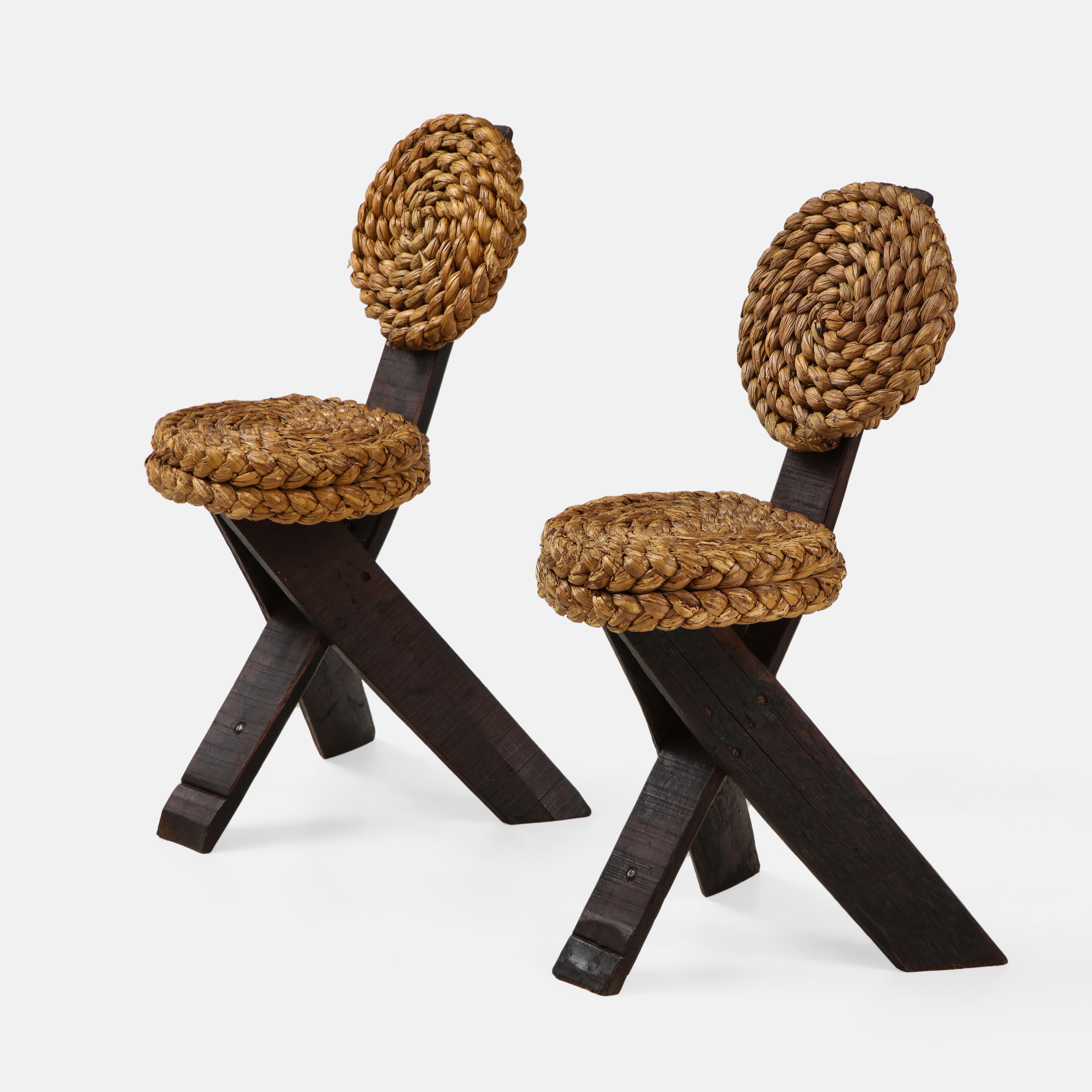French Adrien Audoux and Frida Minet Rare Pair of Rope and Wood Chairs, France, 1950s 