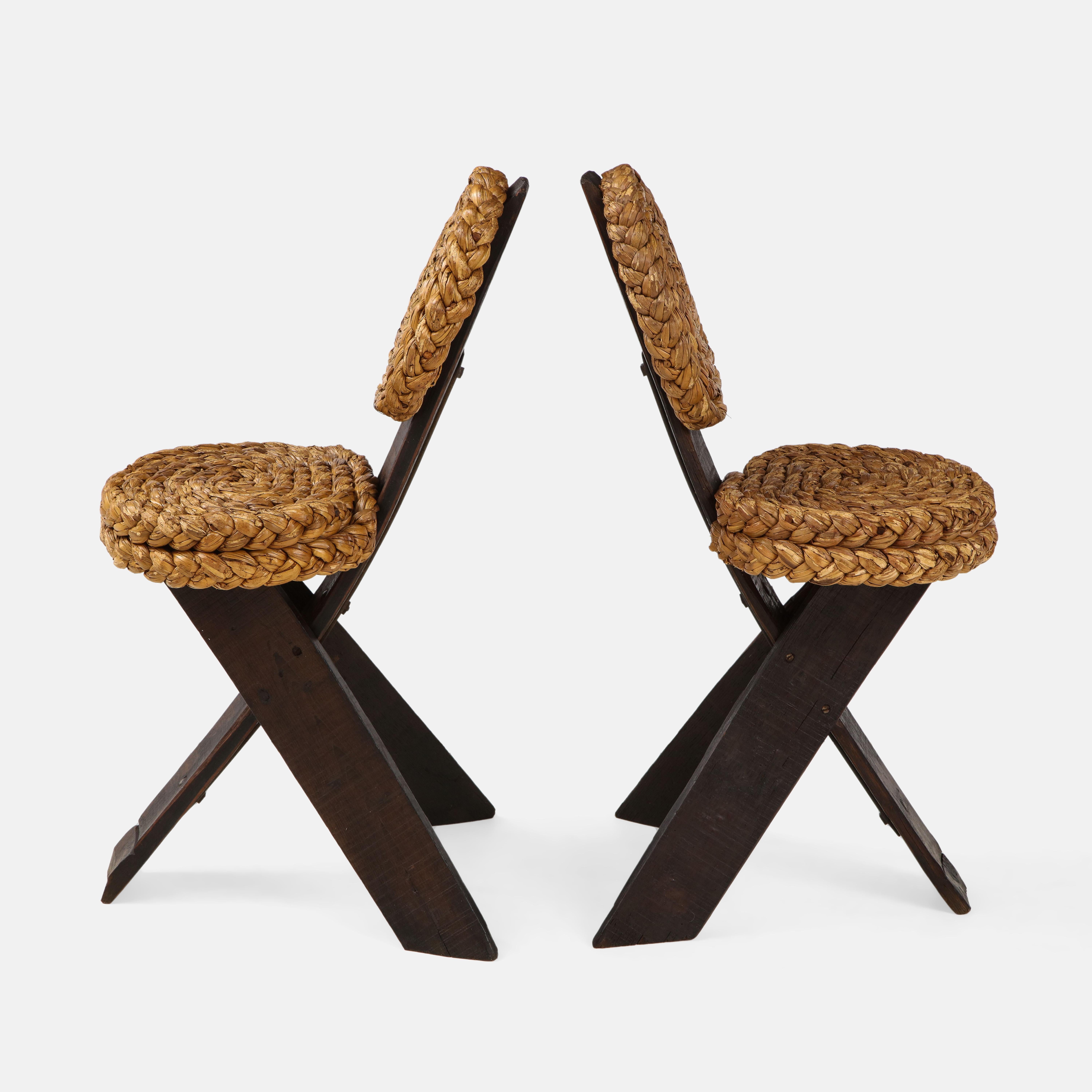 Stained Adrien Audoux and Frida Minet Rare Pair of Rope and Wood Chairs, France, 1950s 