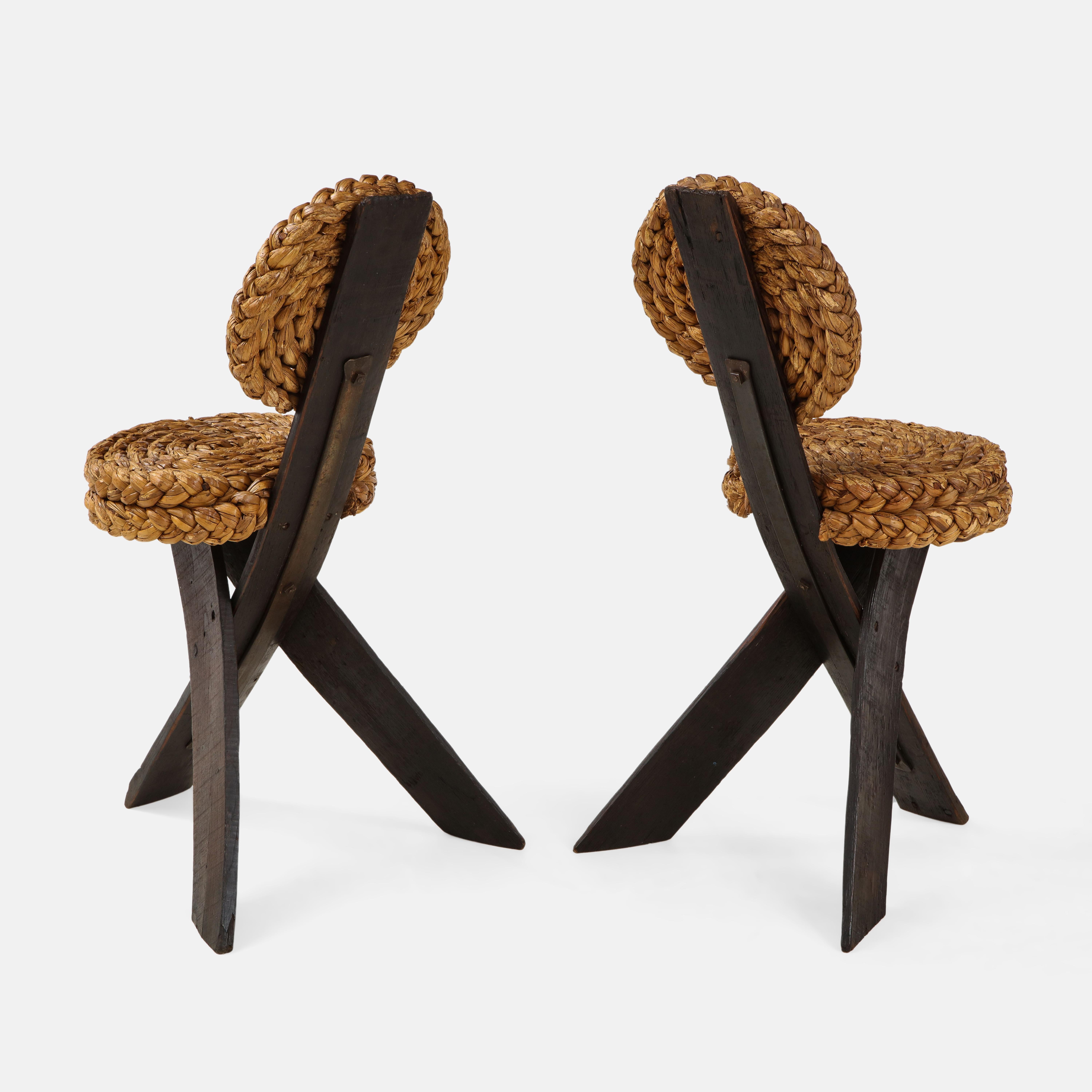 Mid-20th Century Adrien Audoux and Frida Minet Rare Pair of Rope and Wood Chairs, France, 1950s 